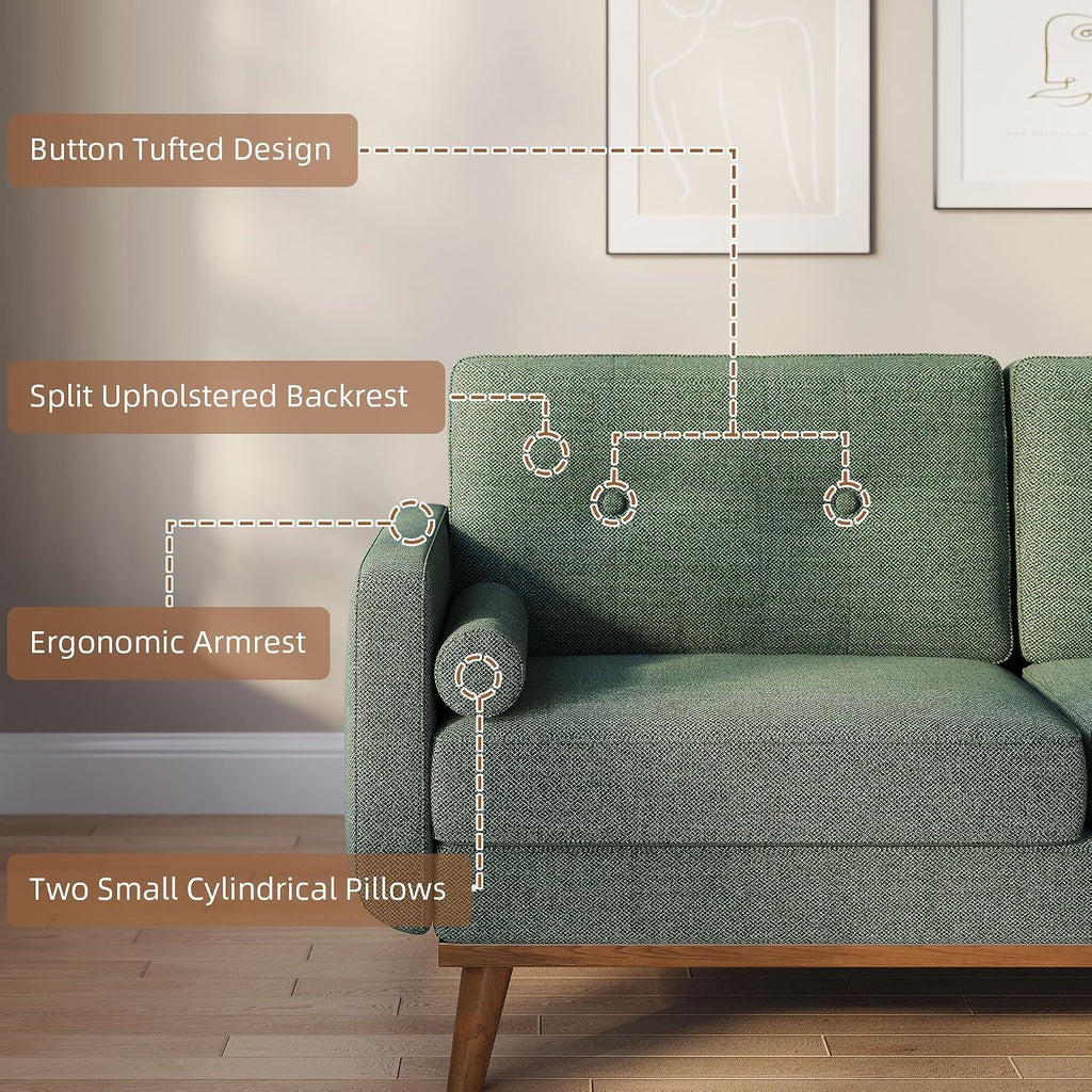 IDEALHOUSE 65' Loveseat Sofa, Mid Century Modern Love Seat Couches for Living Room, Button Tufted Sofa Couch with Wood Legs & Trim for Living Room, Bedroom, Office, Linen, Green