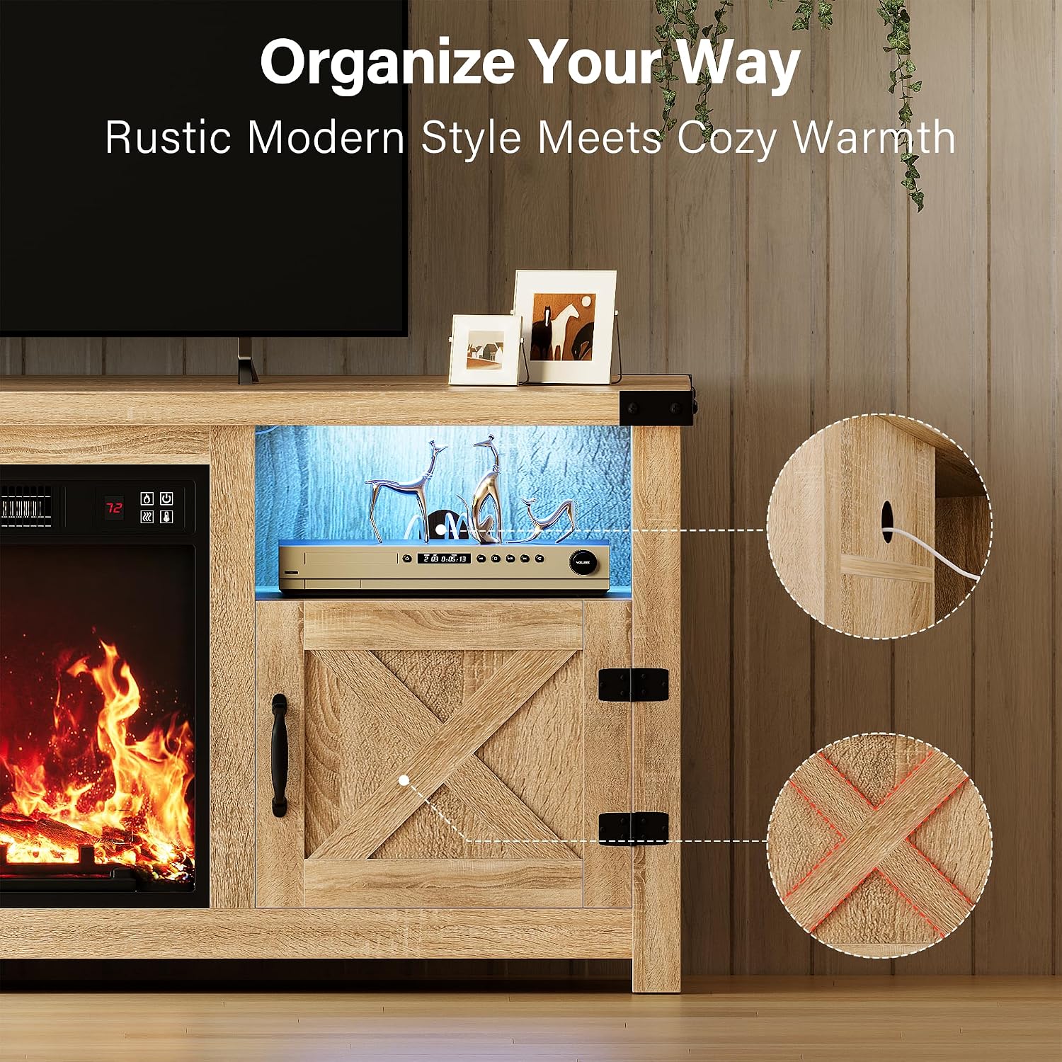 YESHOMY LED Fireplace TV Stand with Mood Lighting, TV Cabinet with Open Shelf, Farmhouse Media Console with Hidden Cable Routing, Entertainment Center for Televisions up to 65+ Inch, Natural Oak