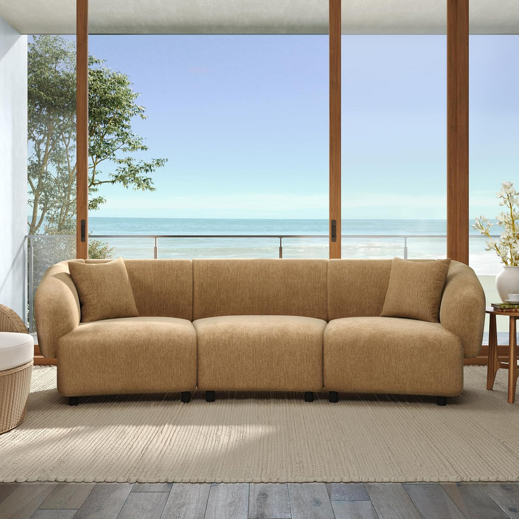 Merax 98.5' Modern 3 Seater Curved Sofa, Luxury Boucle Fabric Sofa, Minimalist Cozy Cloud Couch for Living Room, Bedroom, Apartment, Home Office, Mocha