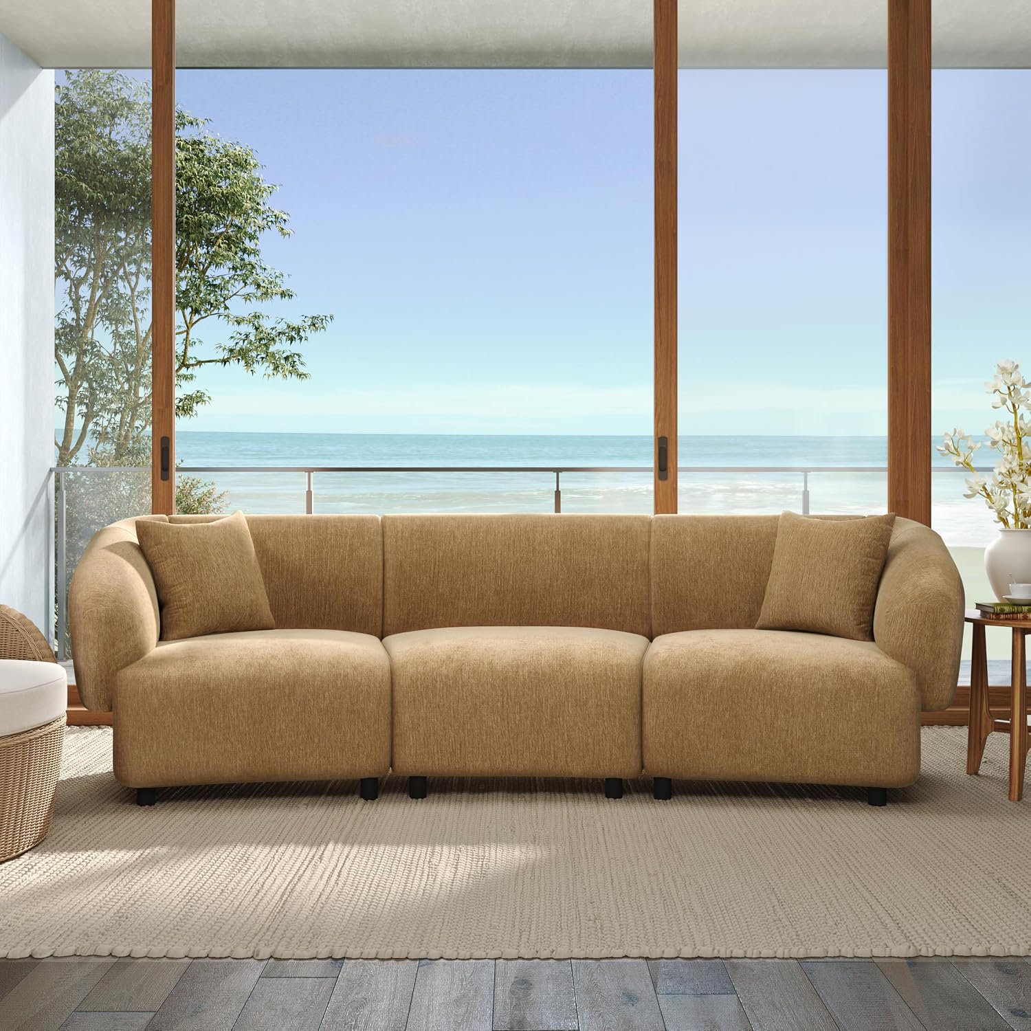 Merax 98.5' Modern 3 Seater Curved Sofa, Luxury Boucle Fabric Sofa, Minimalist Cozy Cloud Couch for Living Room, Bedroom, Apartment, Home Office, Mocha