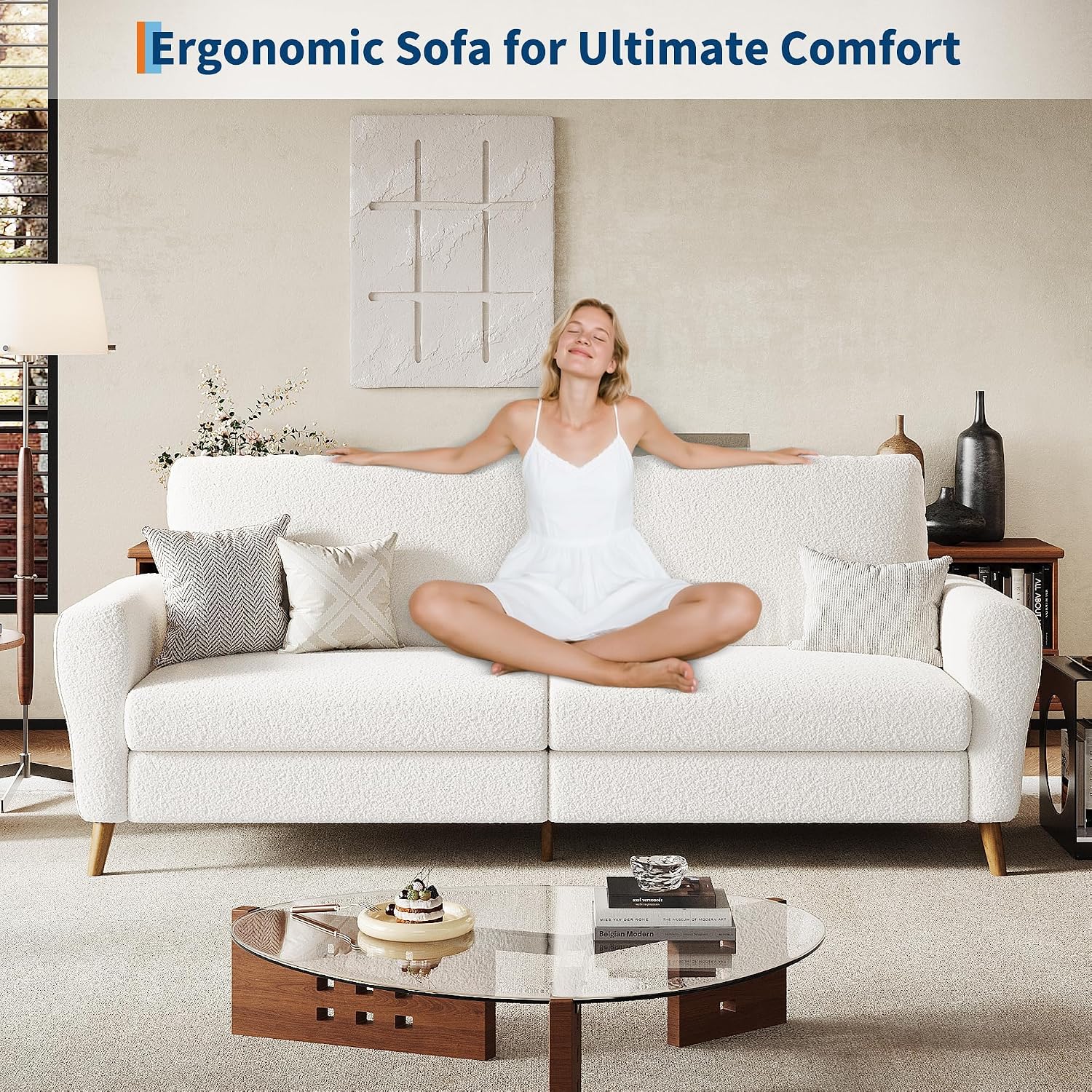 IDEALHOUSE 84 Inch Modern Sofa Couch, Large 3-Seater Sofa with Streamlined Armrests, Boucle Loveseat Wood Feet, Comfy Couch for Living Room, Apartment, Lounge, White