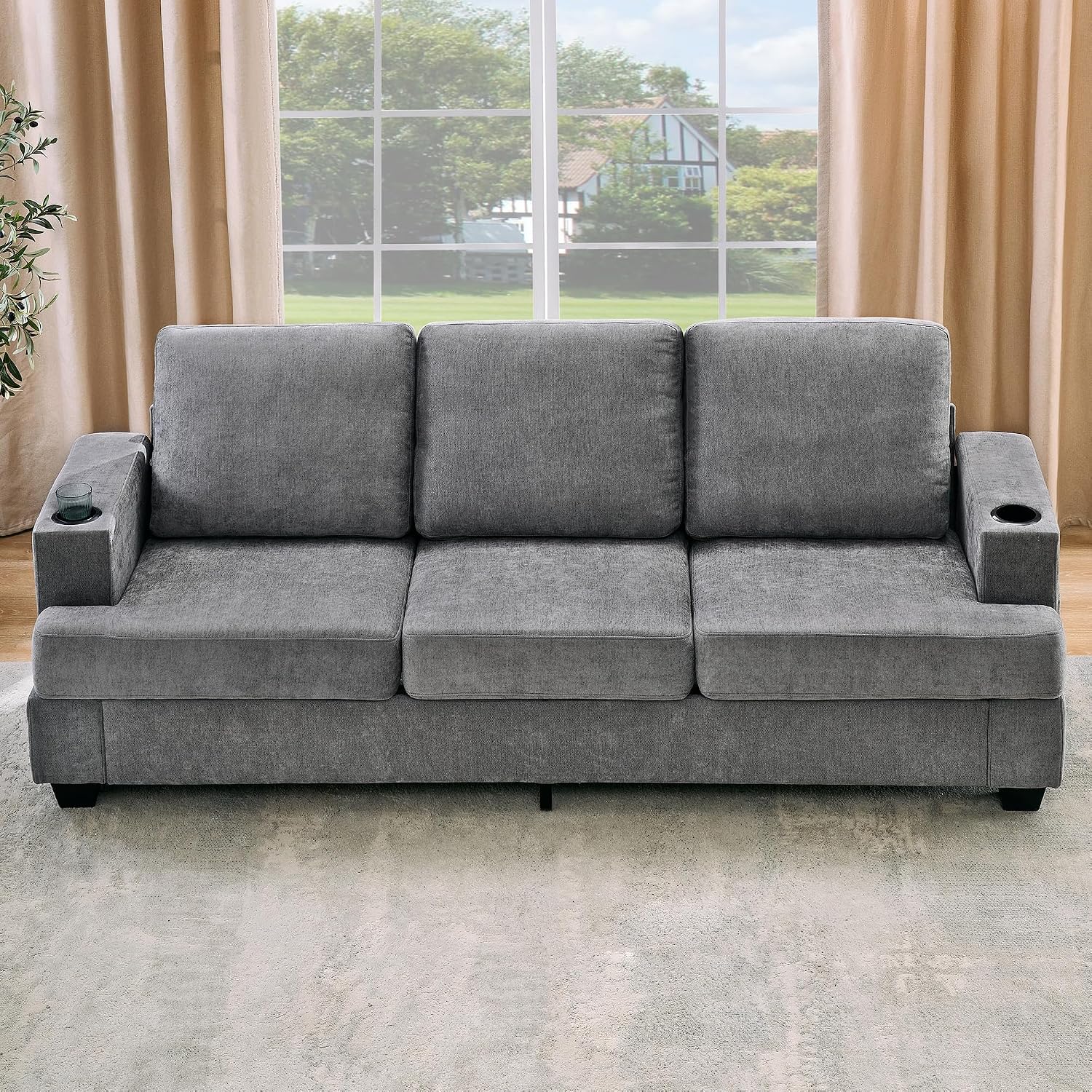 89' Chenille 3-Seater Sofa with Cup Holders and Side Storage Pockets, Modern Sofa for Living Room, Deep Seat Couches for Apartment Lounge, Grey