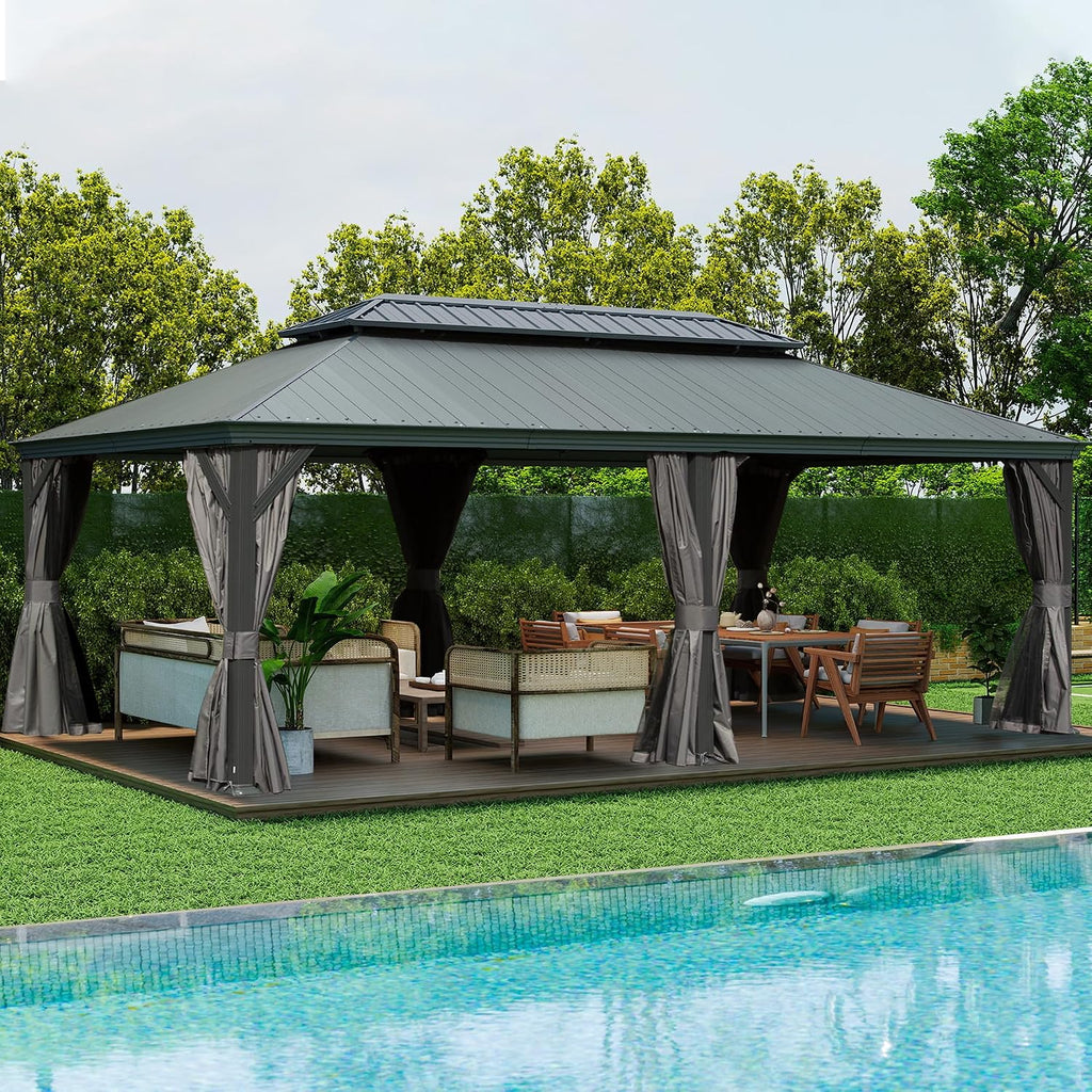 Domi 14' X 22' Hardtop Gazebo, Upgraded Metal Gazebo with Dual-Layer Resin Roof, Drainage System, Curtain and Netting, Outdoor Shelter Canopy for Patio, Garden, and Backyard, Grey