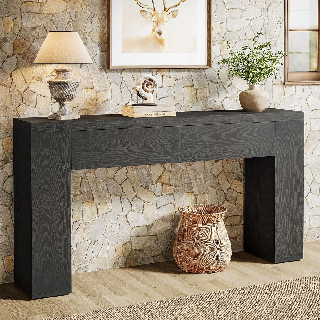Tribesigns 63-Inch Wooden Console Table with 2 Hidden Drawers, Farmhouse Rustic Brown Sofa Table for Living Room, Hallway, Entrance, Foyer, Easy Assembly (Black)