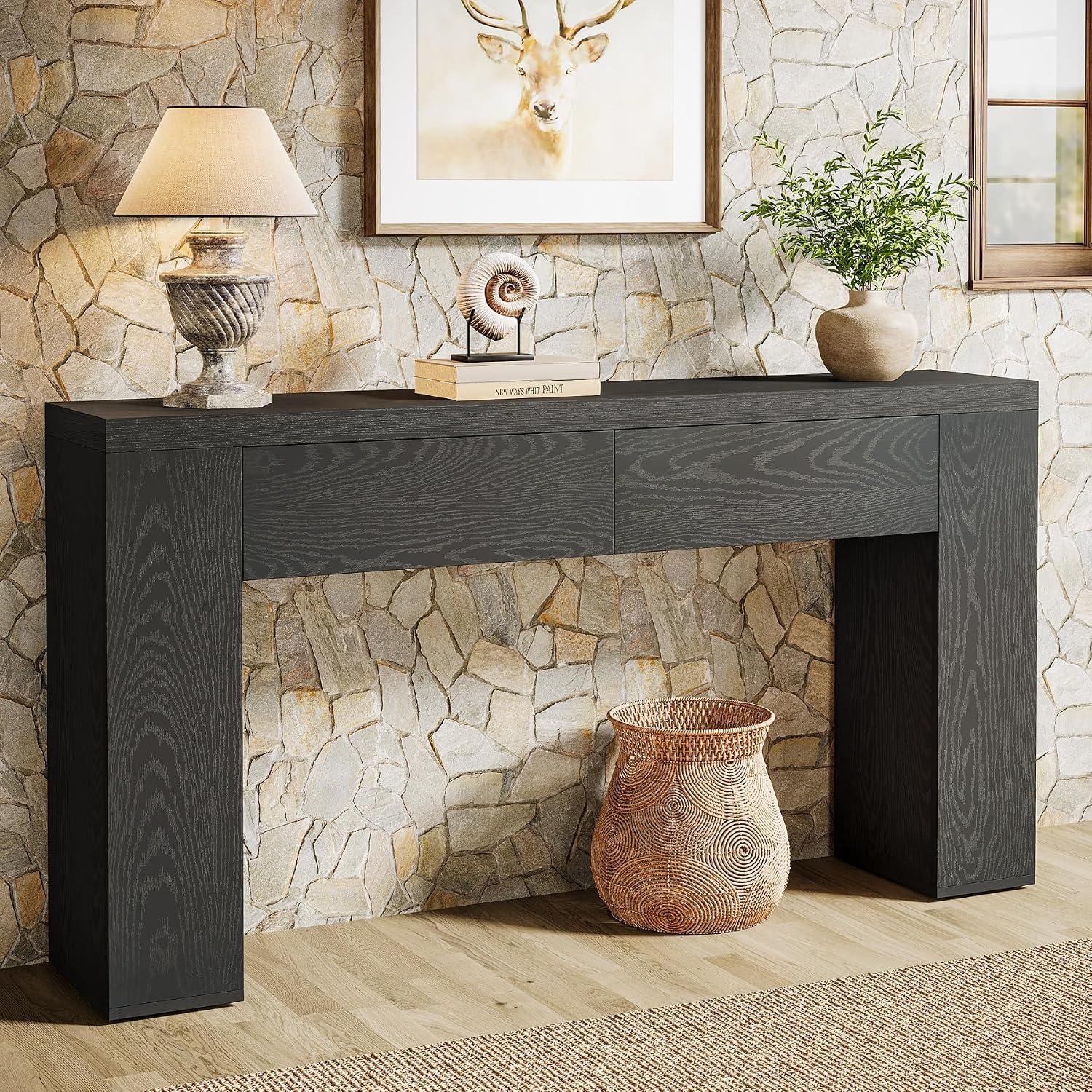 Tribesigns 63-Inch Wooden Console Table with 2 Hidden Drawers, Farmhouse Rustic Brown Sofa Table for Living Room, Hallway, Entrance, Foyer, Easy Assembly (Black)