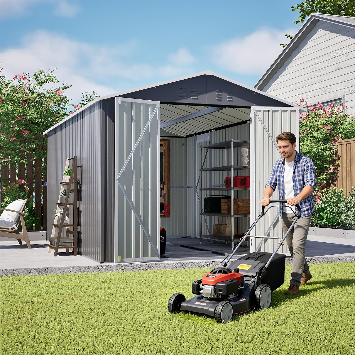 8x12 Ft Large Metal Outdoor Storage Shed with Floor Frame & Lock, Durable Waterproof & Windproof Tool Shed for Garden, Backyard, Patio