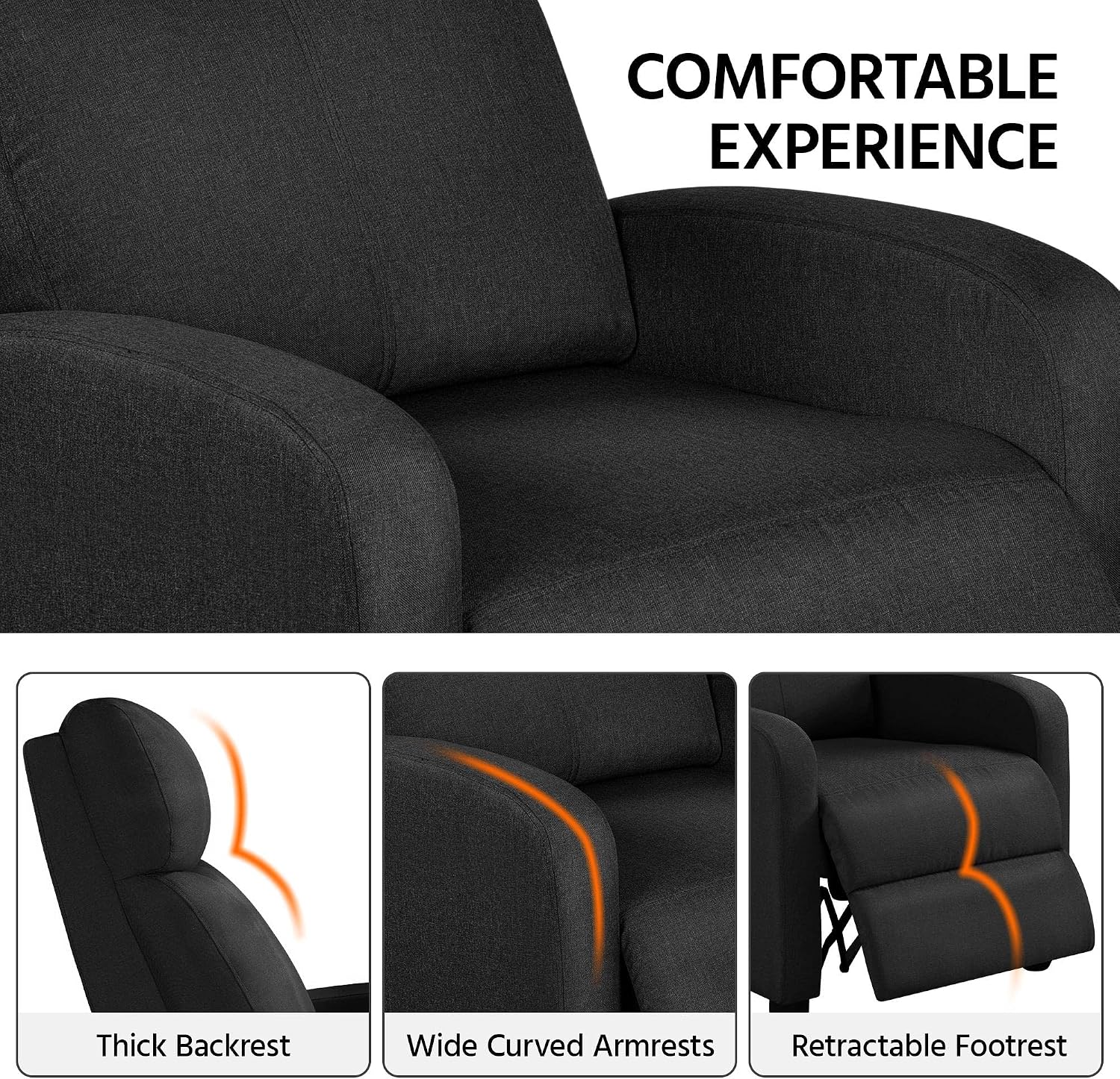 Yaheetech 2-Seat Fabric Pushback Recliner Chair with Thick Seat Cushion and Backrest Reclining Chair for Living Room Home Theater Matte Black