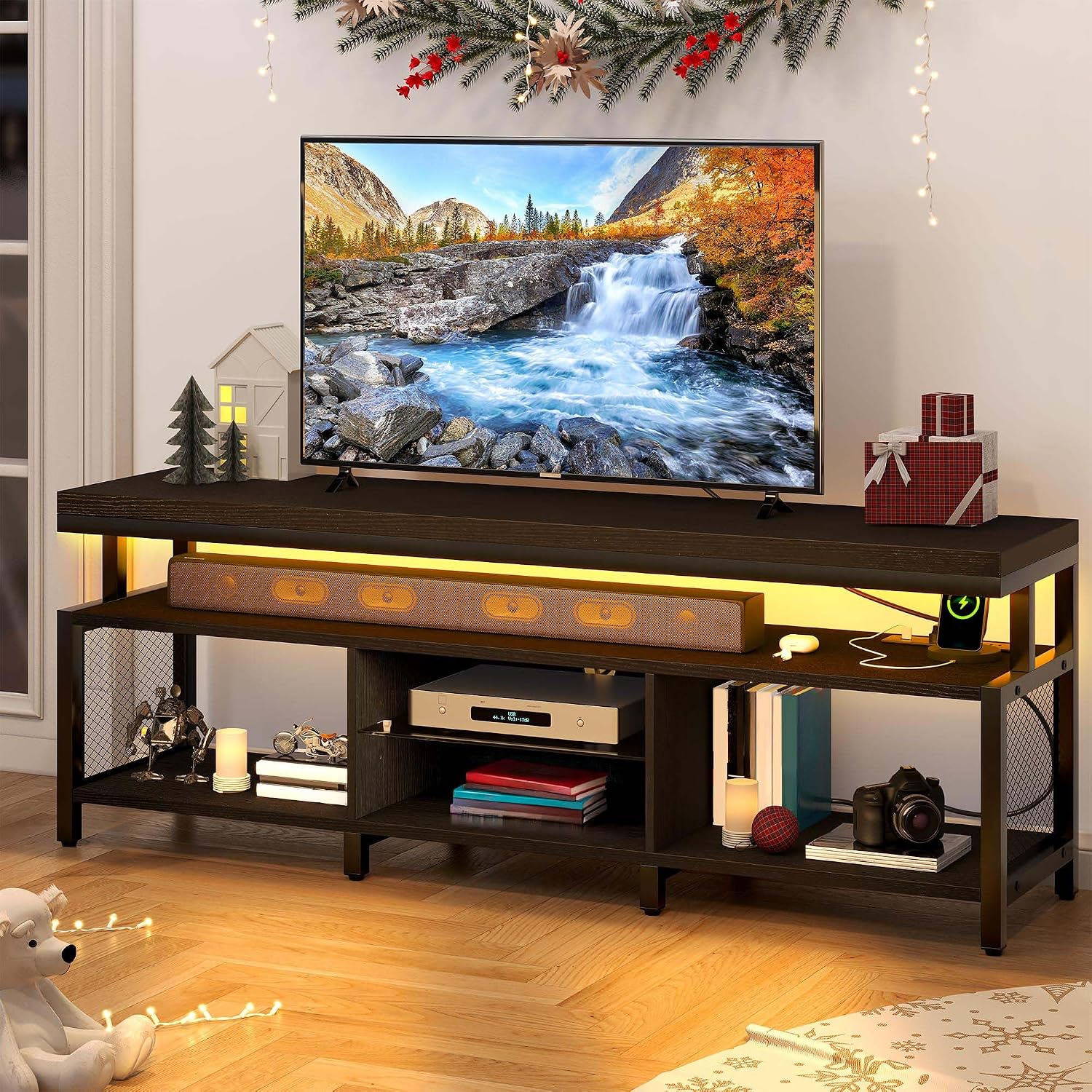 YITAHOME TV Stands for Living Room, TV Stand for 70/65 inch TV, Entertainment Center with Storage, LED TV Stand with Power Outlets, Industrial TV Console Cabinet, Black