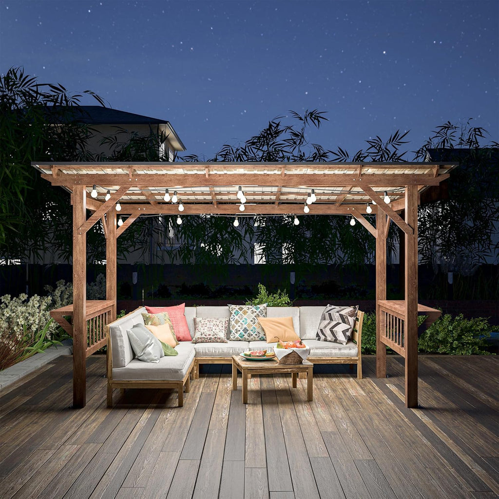 13'x 6.5' Wooden Pergola Grill Gazebo, Hardtop Gazebo with Metal Roof & Bulbs & Bar Counters, Spacious Shade for Outdoor BBQ, Patio Backyard Poolside
