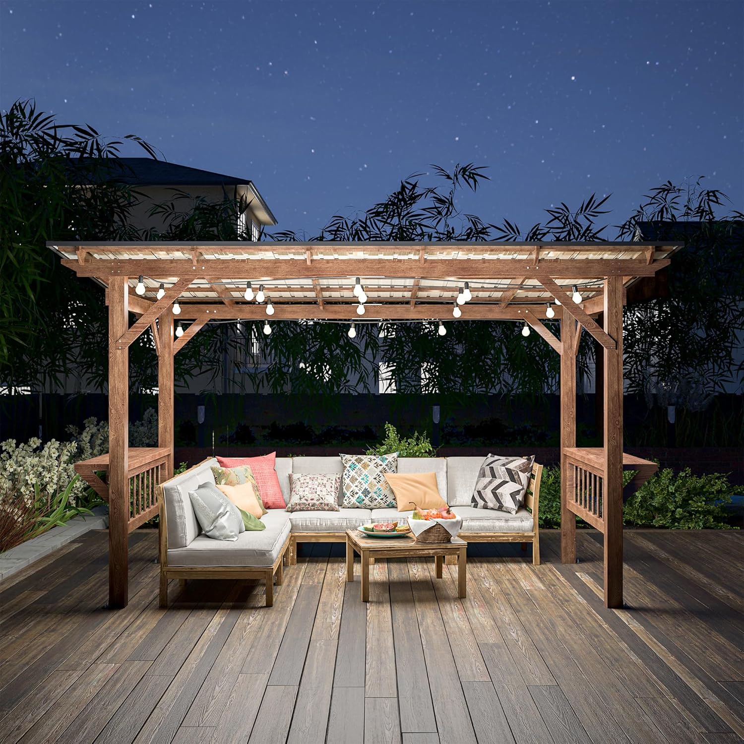 13'x 6.5' Wooden Pergola Grill Gazebo, Hardtop Gazebo with Metal Roof & Bulbs & Bar Counters, Spacious Shade for Outdoor BBQ, Patio Backyard Poolside