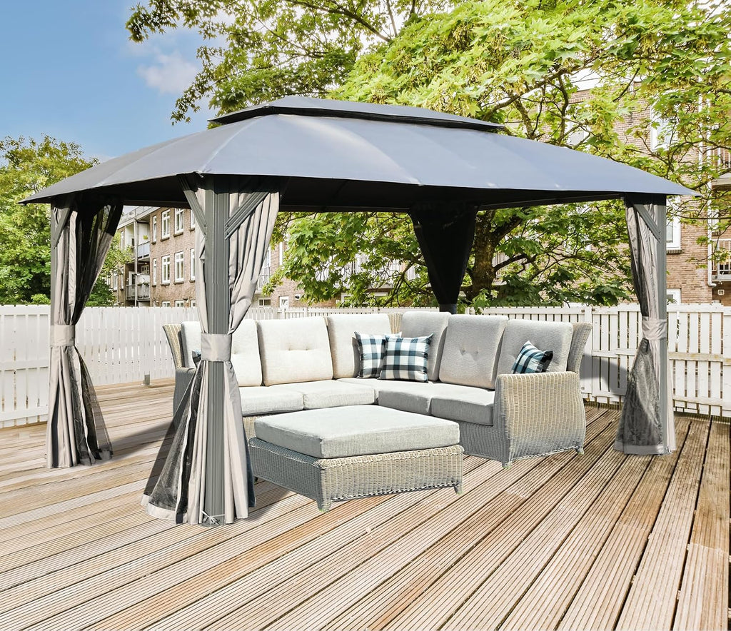Domi 10'x14' Gazebo with Double Roof Soft Top, Patio Gazebo Canopy Tent, Upgraded 4'' Metal Frame for Deck Backyard Garden Lawns Gray