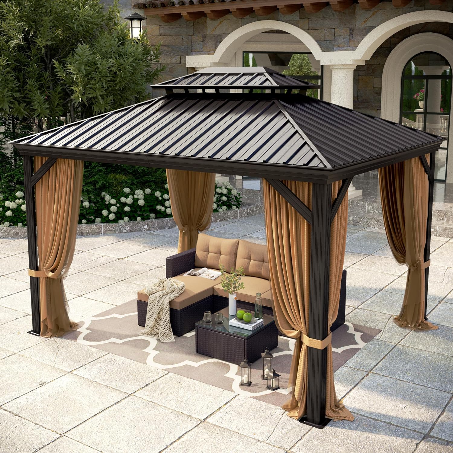 10 X 12ft Hardtop Gazebo with Nettings and Curtains, Heavy Duty Double Roof Galvanized Steel, Outdoor Aluminum Permanent Gazebos for Patios, Backyard, Deck, Garden, Lawns
