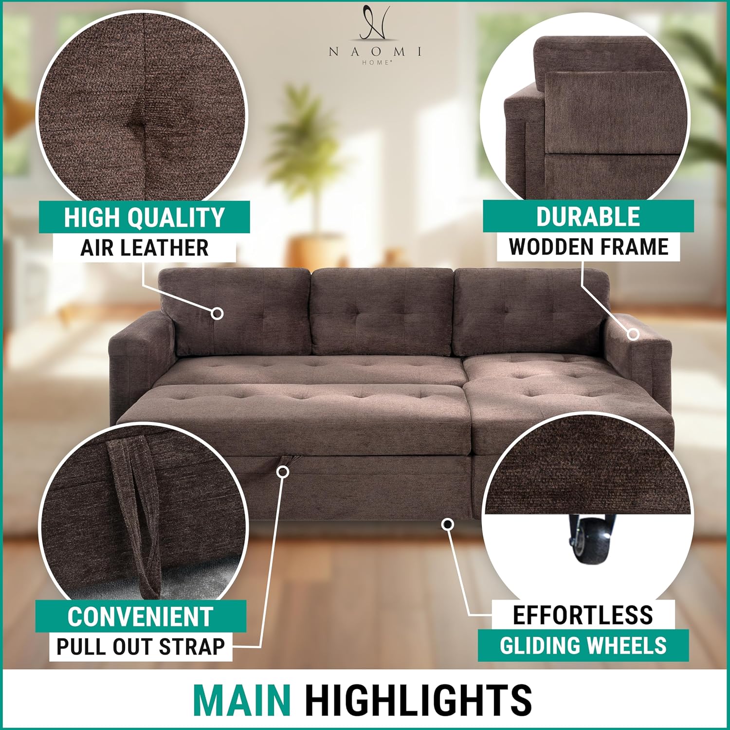 Naomi Home L-Shaped Sectional Sleeper Sofa with USB Ports - Convertible Pull-Out Bed, Ample Storage, Timeless Design, Durable Construction Espresso/Microfiber