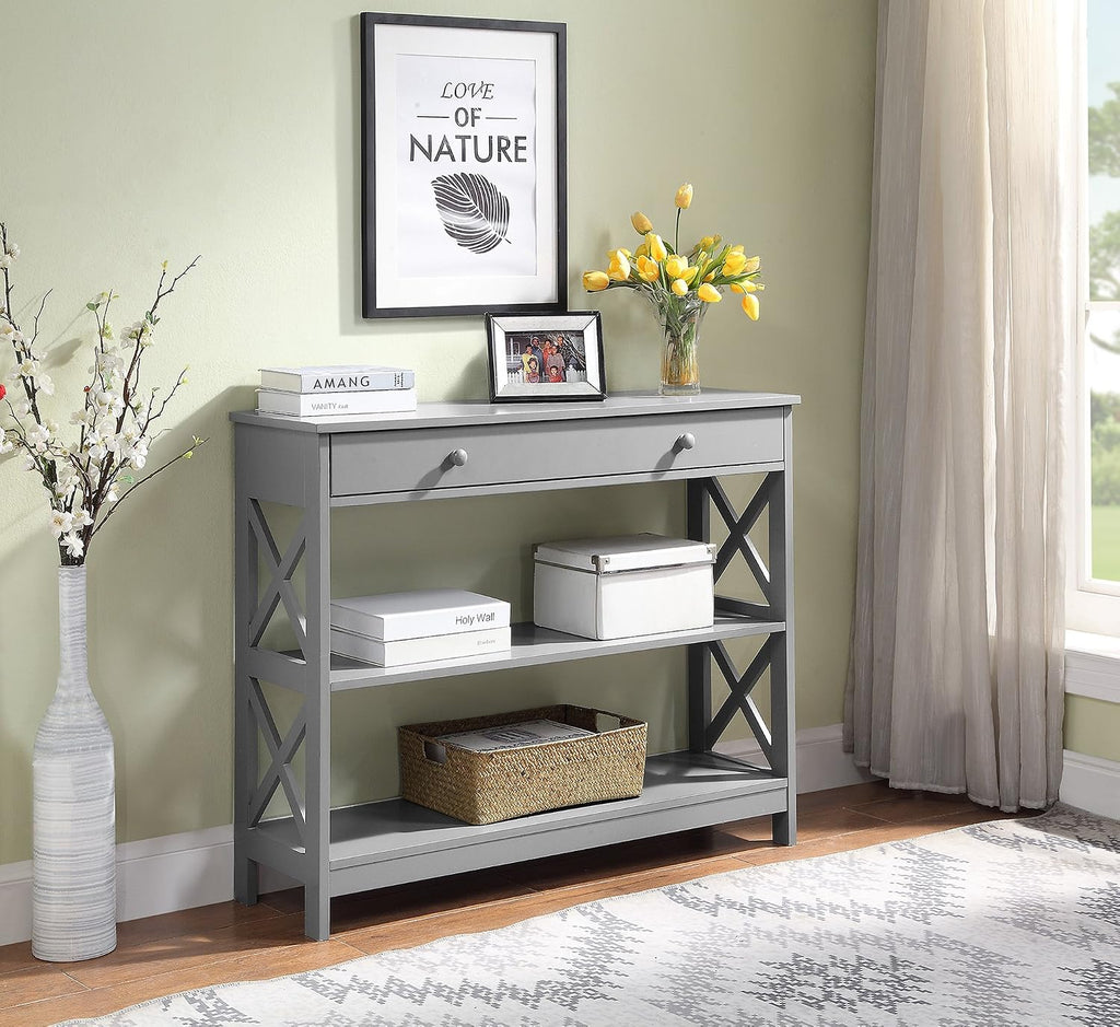 Convenience Concepts Oxford 1-Drawer Console Table 39.5' - Farmhouse Sofa Display with Storage Shelf For Living, Family, & Dining Room, Modern Entryway Hall Table for Kitchen, Bedroom, Gray