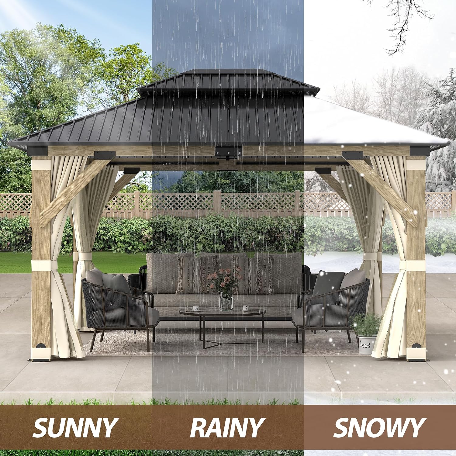 11'x13' Wood Gazebo,Outdoor Hardtop Gazebo with Galvanized Steel Doule Roof, Wooden Frame Gazebo with Netting and Curtains for Patio Backyard Deck