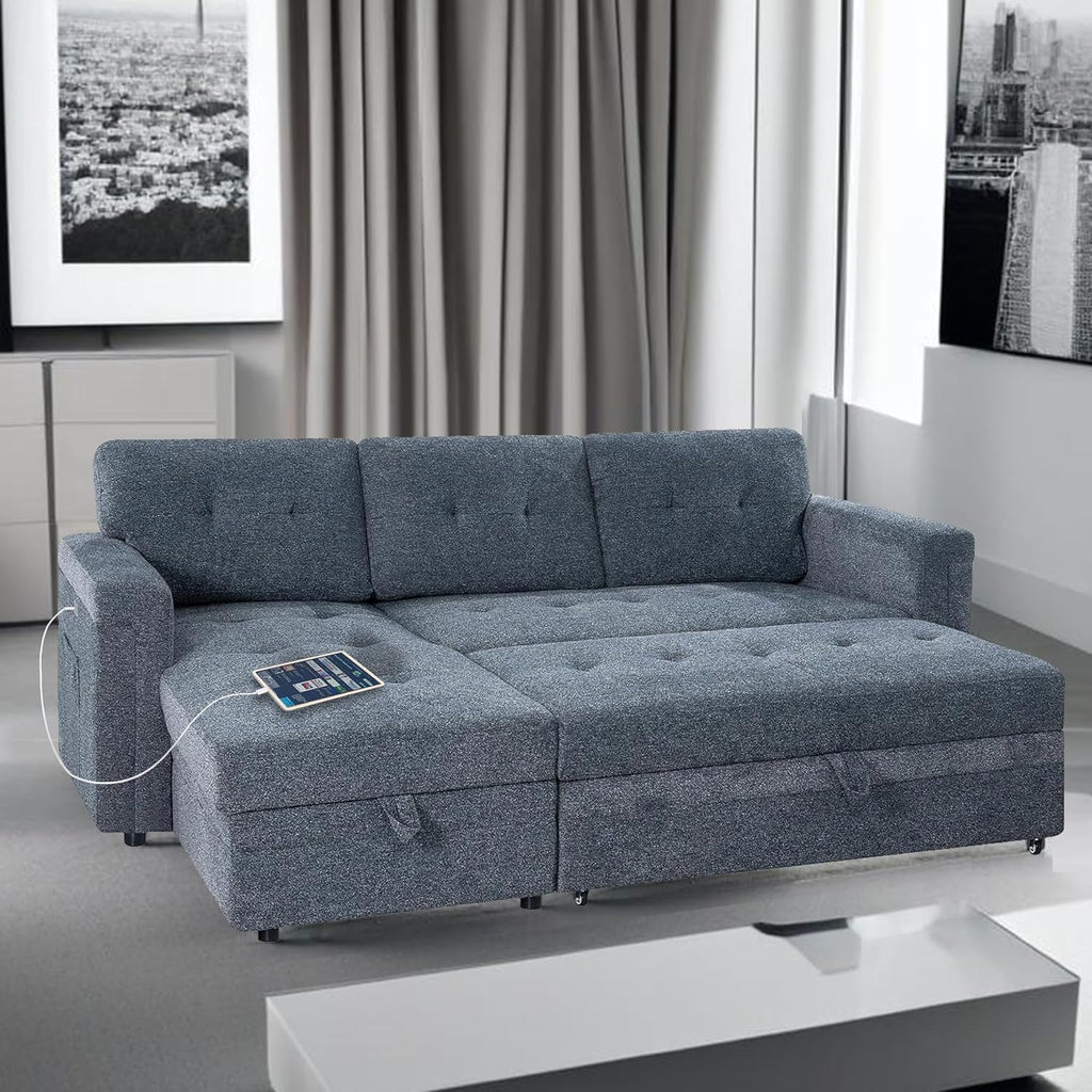 Naomi Home L-Shaped Sectional Sleeper Sofa with USB Ports - Convertible Pull-Out Bed, Ample Storage, Timeless Design, Durable Construction Gray/Microfiber