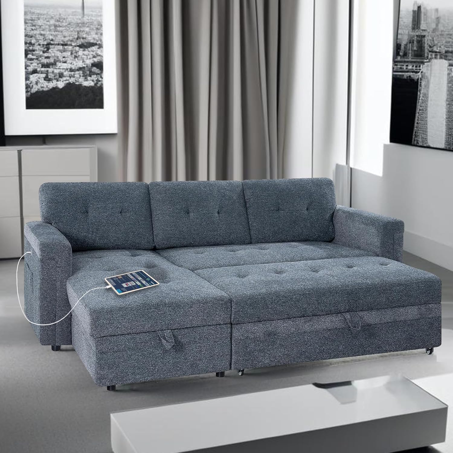 Naomi Home L-Shaped Sectional Sleeper Sofa with USB Ports - Convertible Pull-Out Bed, Ample Storage, Timeless Design, Durable Construction Gray/Microfiber