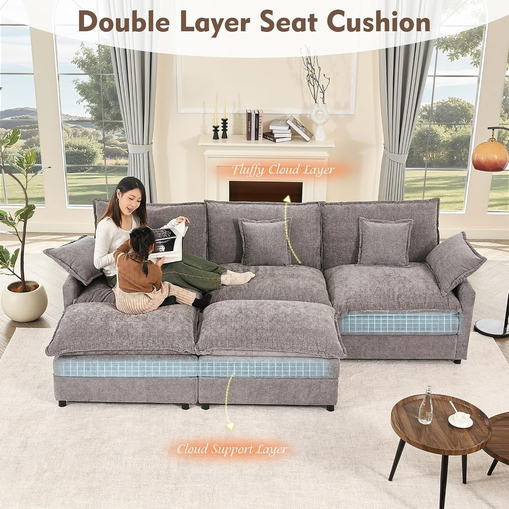 GOSUHI 108' U Shaped Couch, Modular Sectional Sofa, 3-Seater Comfy Cloud Couch, Set of Modular Pieces with Movable Ottoman, Deep Seat Couches for Living Room, Chenille, Slate