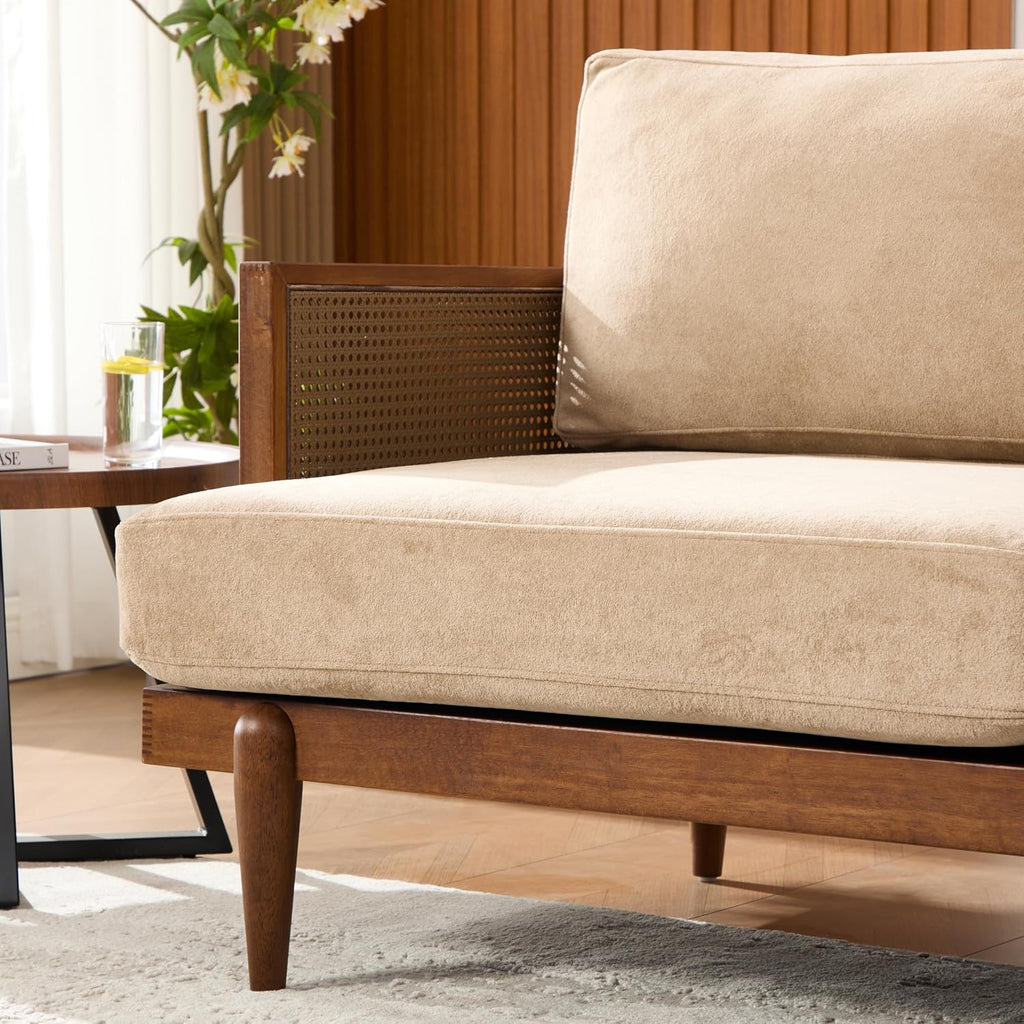 Christopher Knight Home Emir 3 Seater Sofa with Cushion, Sofa Chair with Cane Rattan and Wooden Frame, Spacious Seating Couch for Living Room/Bedrooms, Modern Slat Panel Sofa Couch, Walnut + Camel