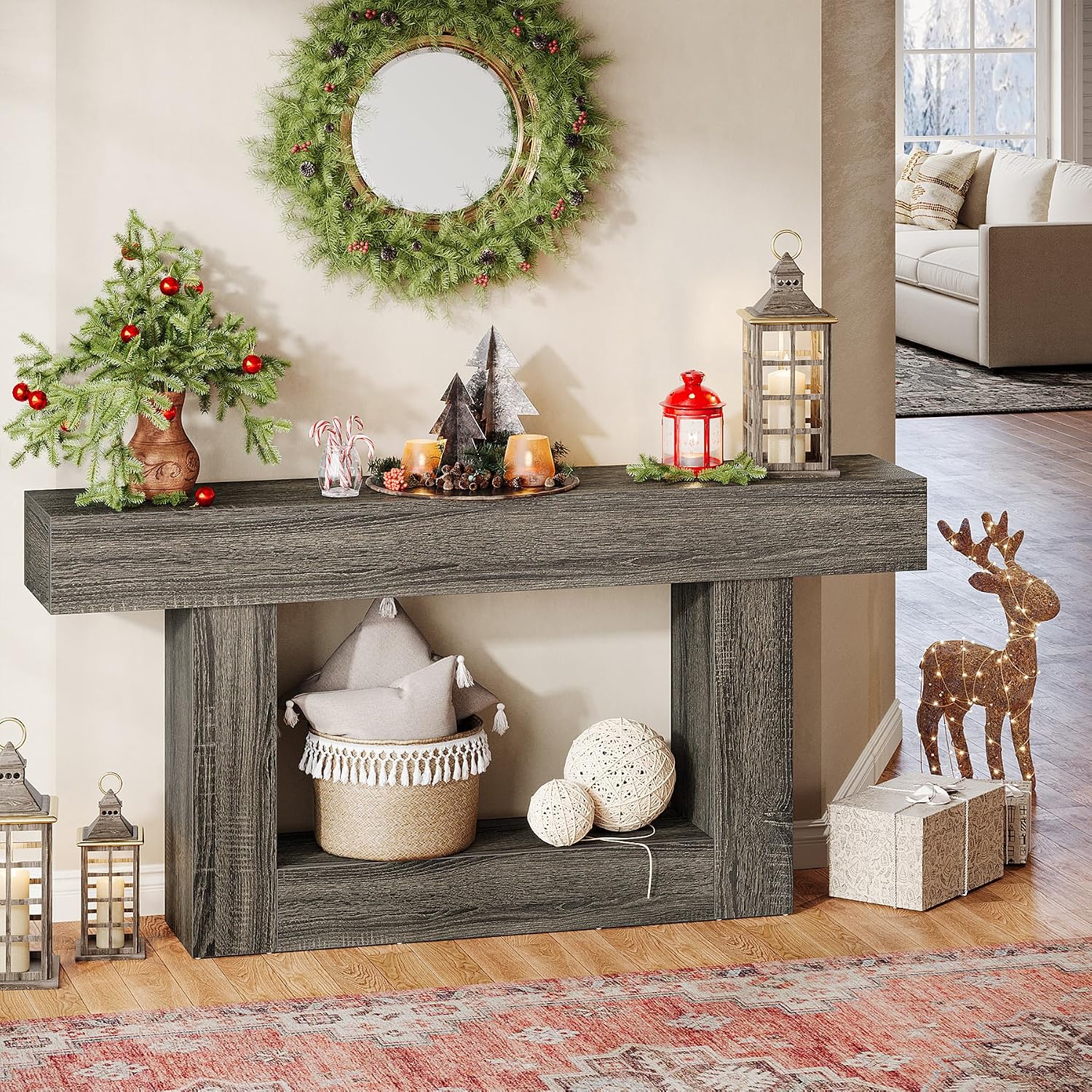 Tribesigns 63-Inch Long Console Table, 2-Tier Entryway Table Sofa Table with Storage, Farmhouse Wood Behind Couch Table for Living Room, Hallway, Rustic Gray