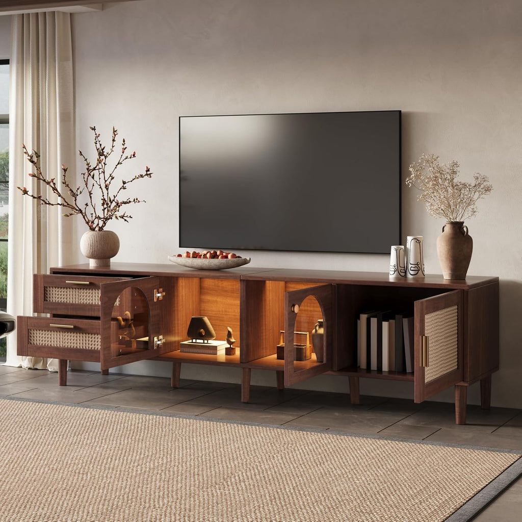 Merax Rattan TV Stand with LED Lights, 70' Entertainment Center with 3 Cabinets & 2 Drawers Media Console Table for TVs Up to 80', Solid Wood Feet, Living Room, Bedroom Furniture