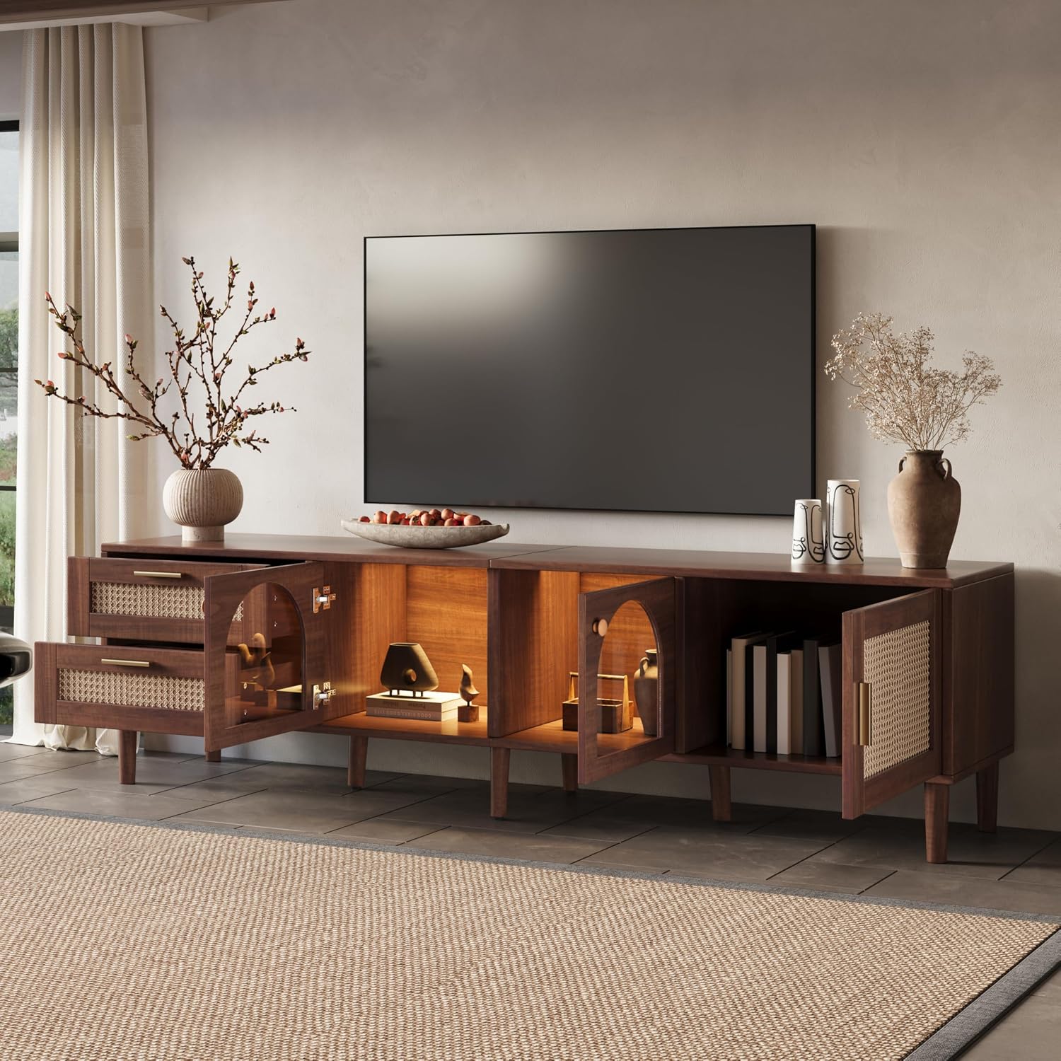 Merax Rattan TV Stand with LED Lights, 70' Entertainment Center with 3 Cabinets & 2 Drawers Media Console Table for TVs Up to 80', Solid Wood Feet, Living Room, Bedroom Furniture