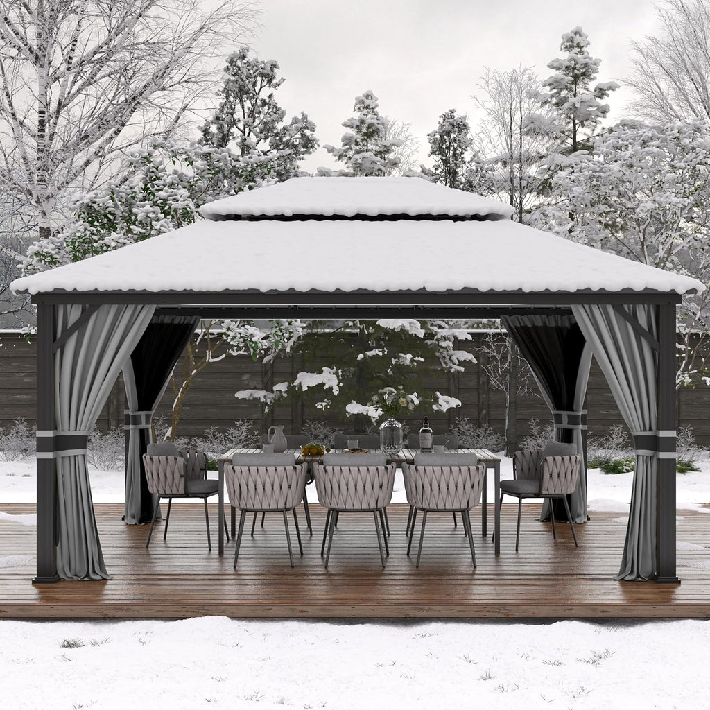 Amopatio 12' X 16' Hardtop Gazebo, Aluminum Gazebo with Double Galvanized Steel Roof, Curtains and Netting Included,Outdoor Metal Pergola for Patios, Garden, Parties, Lawns, Gray