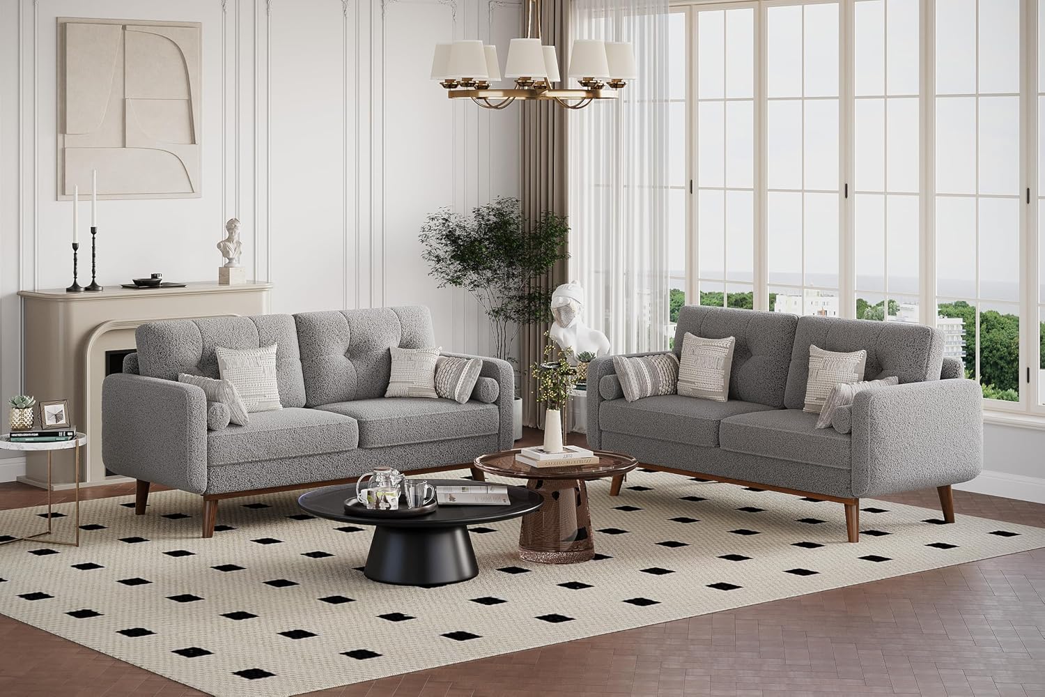 IDEALHOUSE 65' Mid Century Modern Couch Sofa Loveseat, Comfy Love Seat Couches for Living Room, 2 Seater Teddy Fleece Boucle Upholstered Deep Seat Couch for Bedroom Office Small Space, Gray