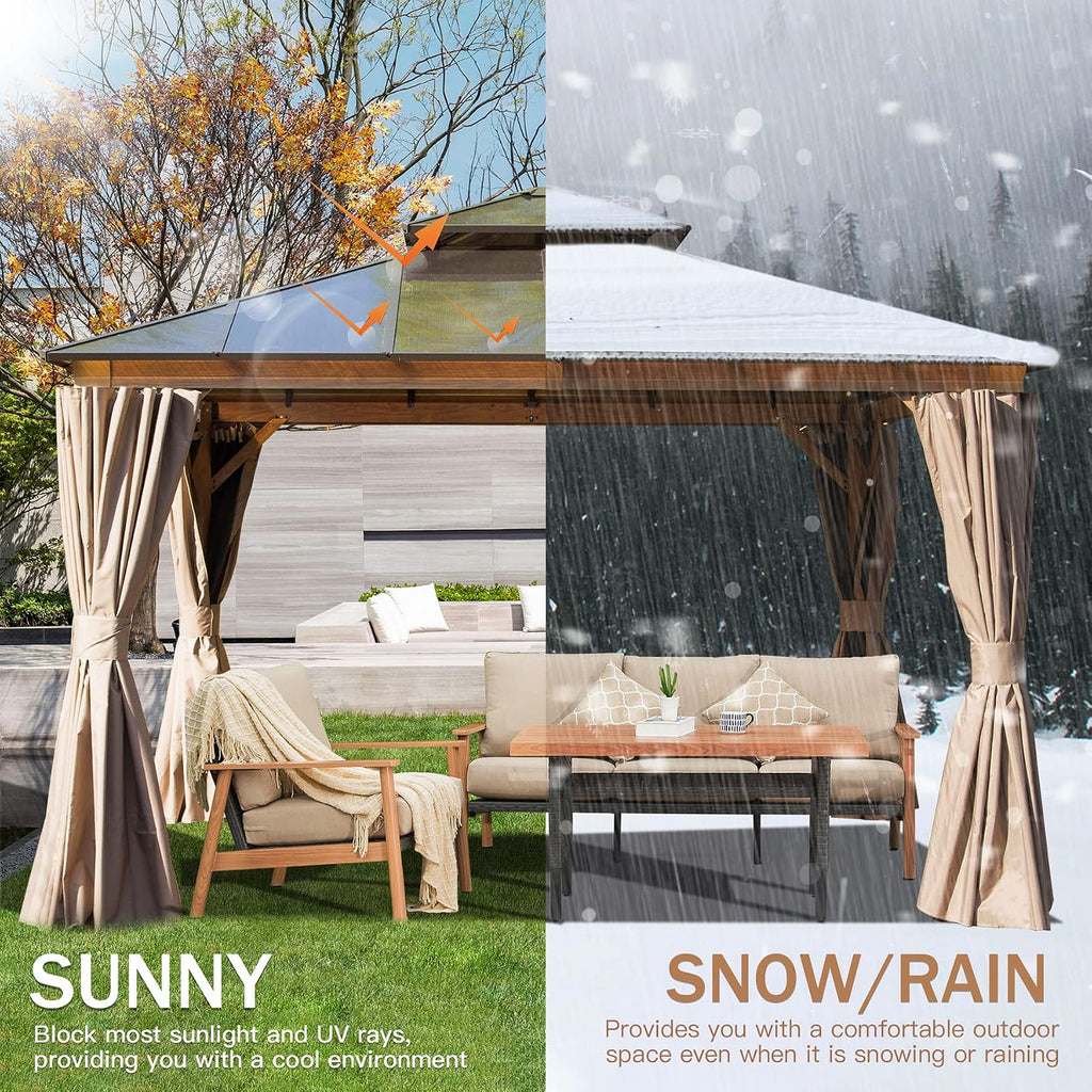 Domi Outdoor Living 12' x 12' Hardtop Gazebo, Wooden Coated Aluminum Frame Canopy with Polycarbonate Double Roof, Outdoor Permanent Metal Pavilion with Curtains and Netting for Patio, Deck and Lawn