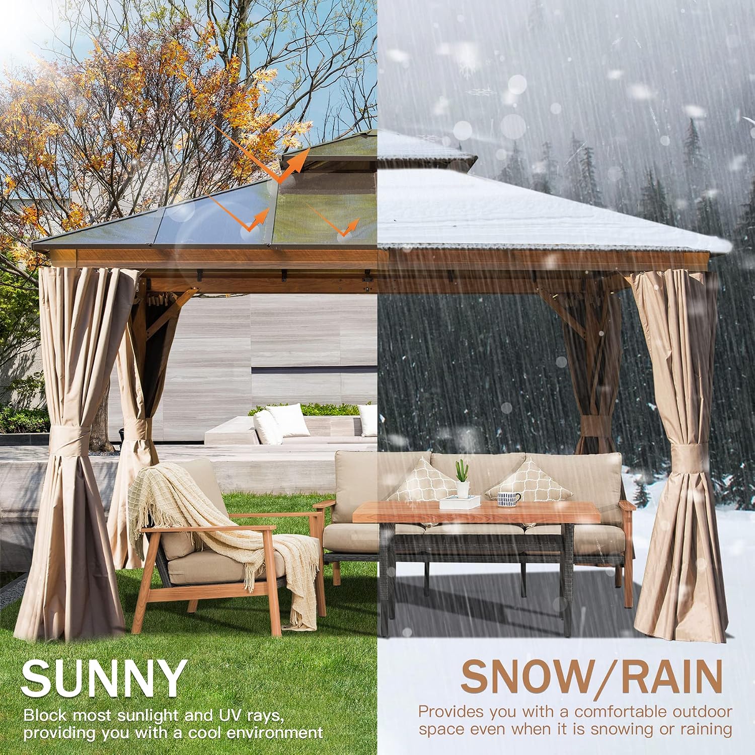 Domi Outdoor Living 12' x 12' Hardtop Gazebo, Wooden Coated Aluminum Frame Canopy with Polycarbonate Double Roof, Outdoor Permanent Metal Pavilion with Curtains and Netting for Patio, Deck and Lawn