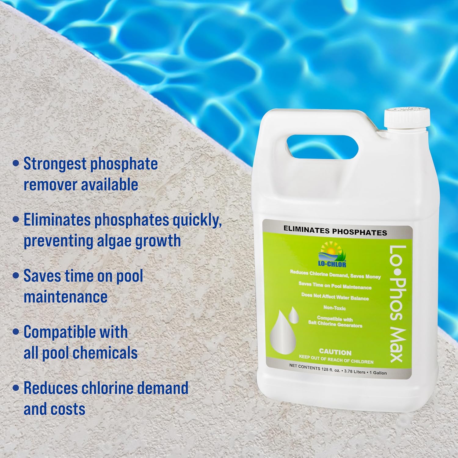 Lo-Chlor Lo-Phos Max Pool Phosphate Remover, Reduces Chlorine Demand, Starves Algae, Compatible with Other Chemicals and Surfaces, for Inground and Above Ground Swimming Pools, 128 Oz