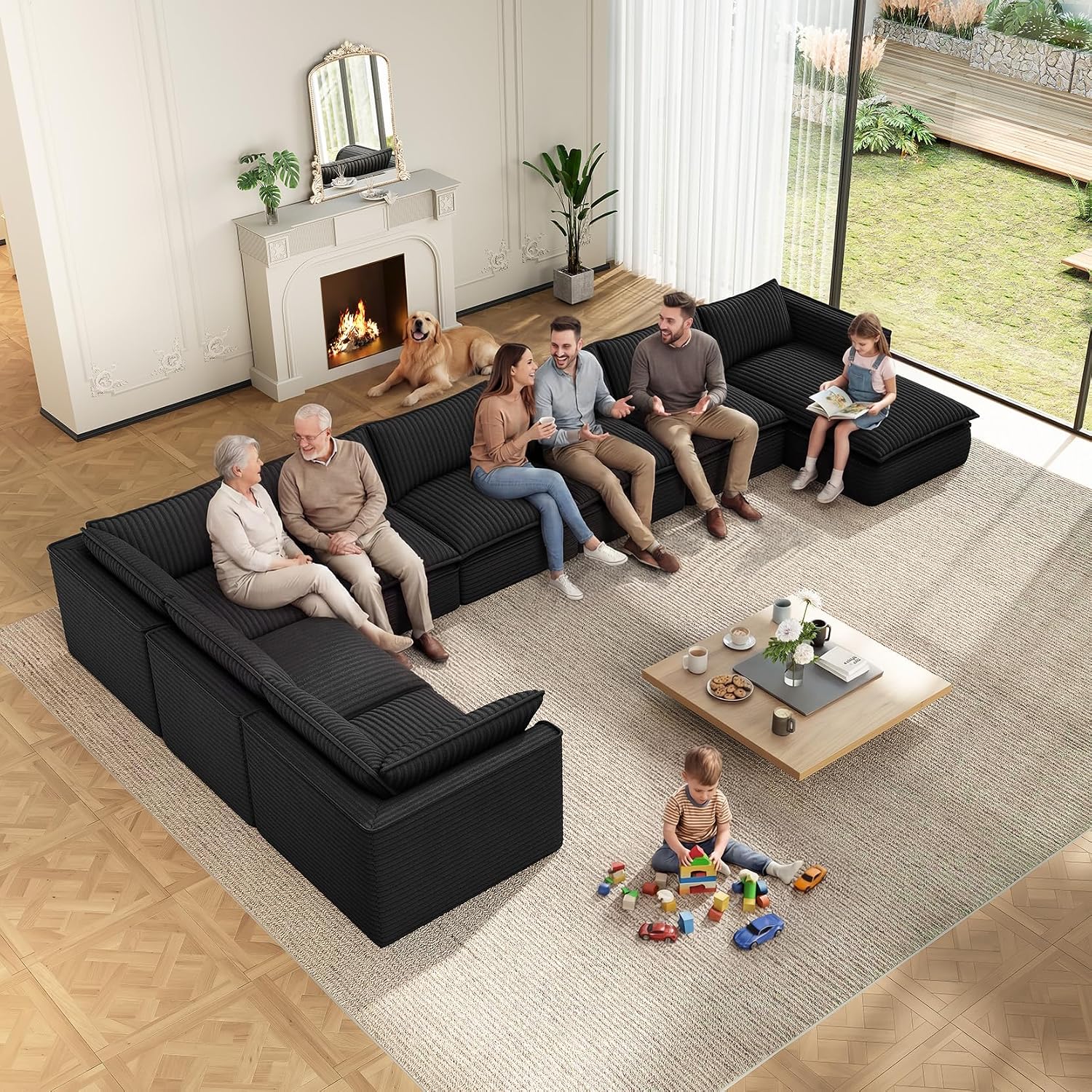 Vesgantti 141.7' Oversized Sectional Boneless Couch, Modern 7 Seater Modular Sofa with Chaise & Ottoman, Deep Seat Plush Corduroy Cloud Couches for Living Room, No Assembly Required, Black