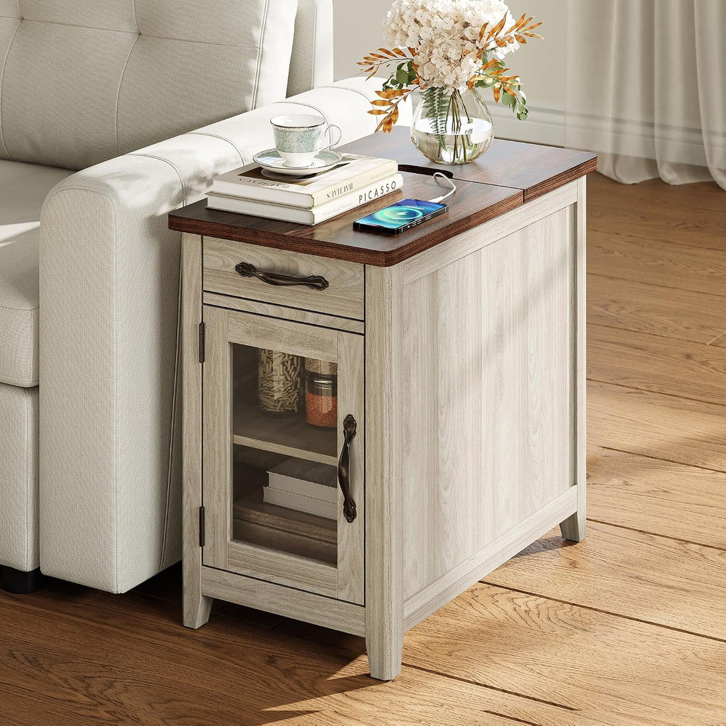 LINSY HOME Farmhouse End Table with Charging Station, Narrow Side Table for Living Room, Sofa Side Table with Drawer and Storage Cabinet, Small Nightstand for Home Office