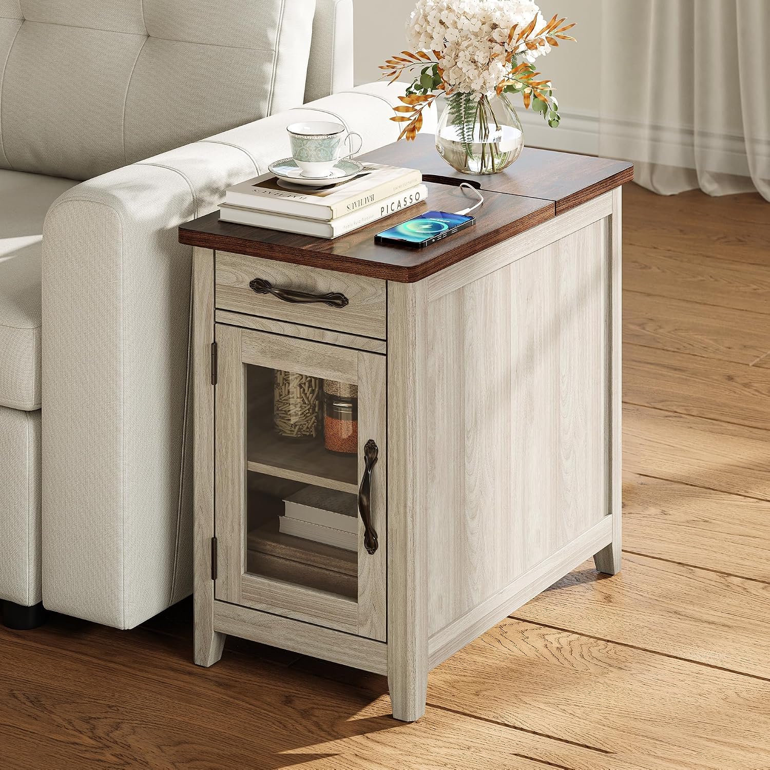 LINSY HOME Farmhouse End Table with Charging Station, Narrow Side Table for Living Room, Sofa Side Table with Drawer and Storage Cabinet, Small Nightstand for Home Office