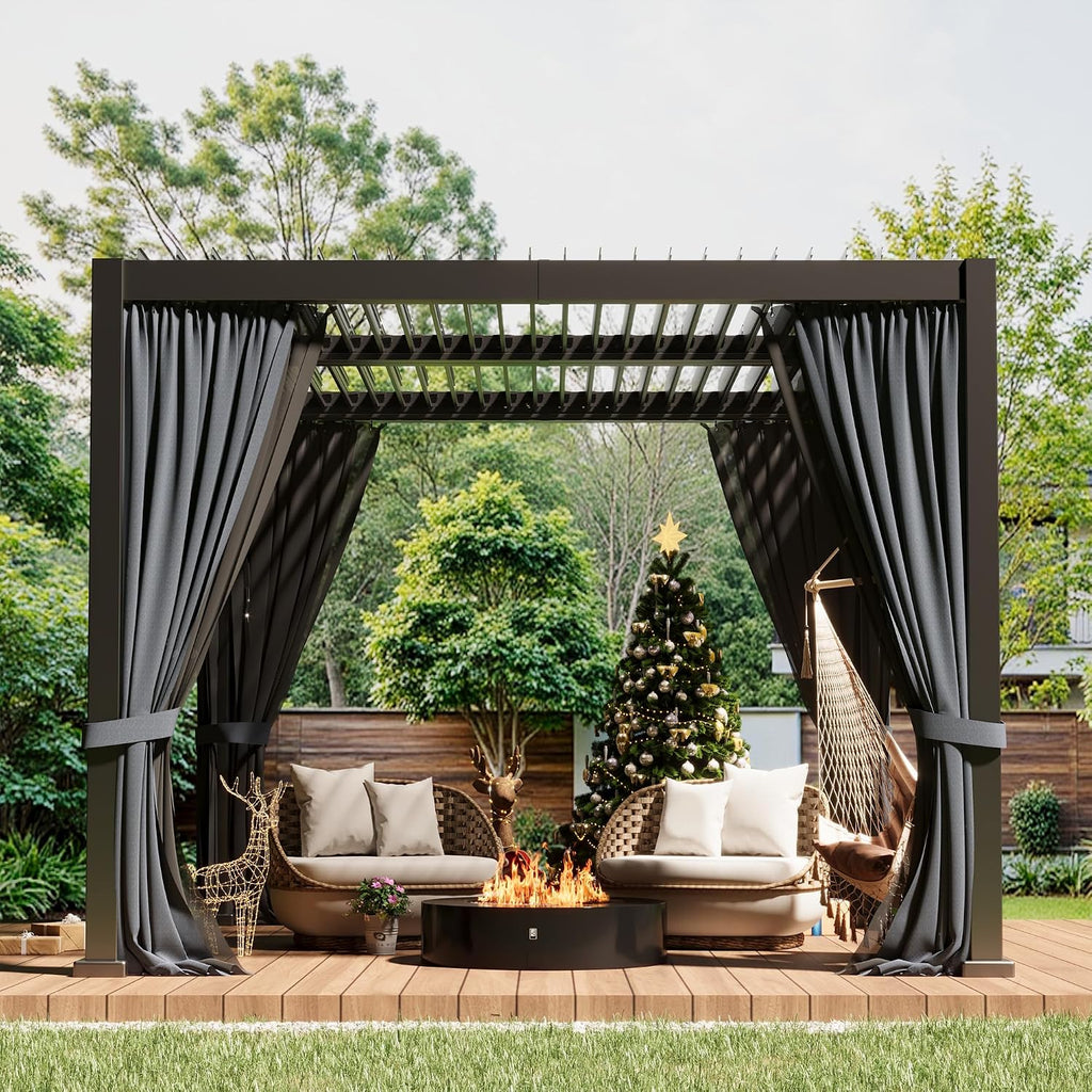 10×10 FT Aluminum Louvered Pergola, Outdoor Metal Pergola with Adjustable Waterproof Louvered Roof, Outdoor Gazebo with Curtains & Nets for Patio, Backyard, Garden (Grey)