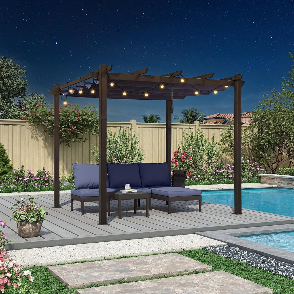 PURPLE LEAF 10' x 10' Retractable Pergola Outdoor Aluminum White Pergola with Sun Shade Canopy Patio Modern Bronze Shelter for Garden Yard Deck Grape, Navy Blue