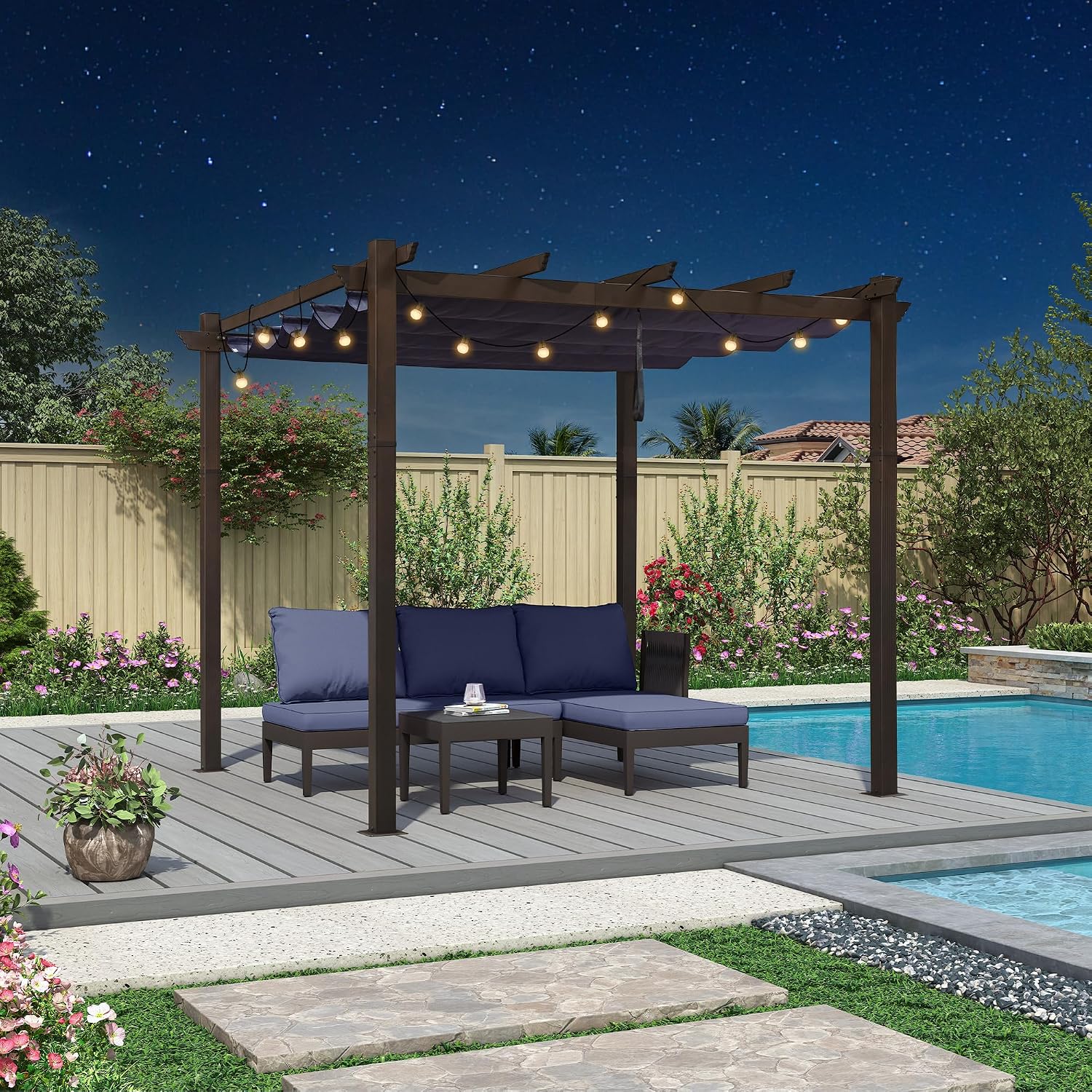 PURPLE LEAF 10' x 10' Retractable Pergola Outdoor Aluminum White Pergola with Sun Shade Canopy Patio Modern Bronze Shelter for Garden Yard Deck Grape, Navy Blue