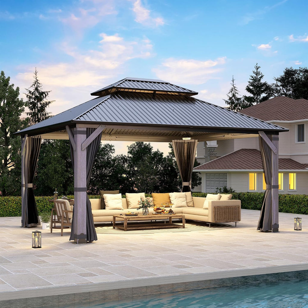 12' x 14' Wood Gazebo, Outdoor Hardtop Gazebo with Wood Posts and Galvanized Steel Doule Roof, Wooden Frame Gazebos with Netting and Curtains for Patio, Backyard, Deck Garden