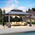12' x 14' Wood Gazebo, Outdoor Hardtop Gazebo with Wood Posts and Galvanized Steel Doule Roof, Wooden Frame Gazebos with Netting and Curtains for Patio, Backyard, Deck Garden