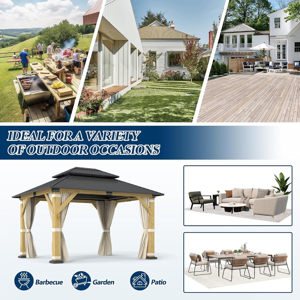 COVERONICS 10FT x 12FT Outdoor Wood Gazebo - Galvanized Steel Hardtop Gazebo with Heavy-Duty Double Roof, Patio Wooden Gazebo for Garden with Netting & Curtains, Poolside, Deck, Backyard
