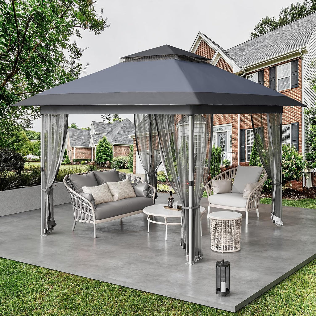 GarveeLife 12 ft x12 ft Gazebo Outdoor Pop up Canopy Tent with Curtains and 144 Square Shelter for Patio,Backyard Party, with Mosquito Netting, 2-Tiered Vented Top (Gray)