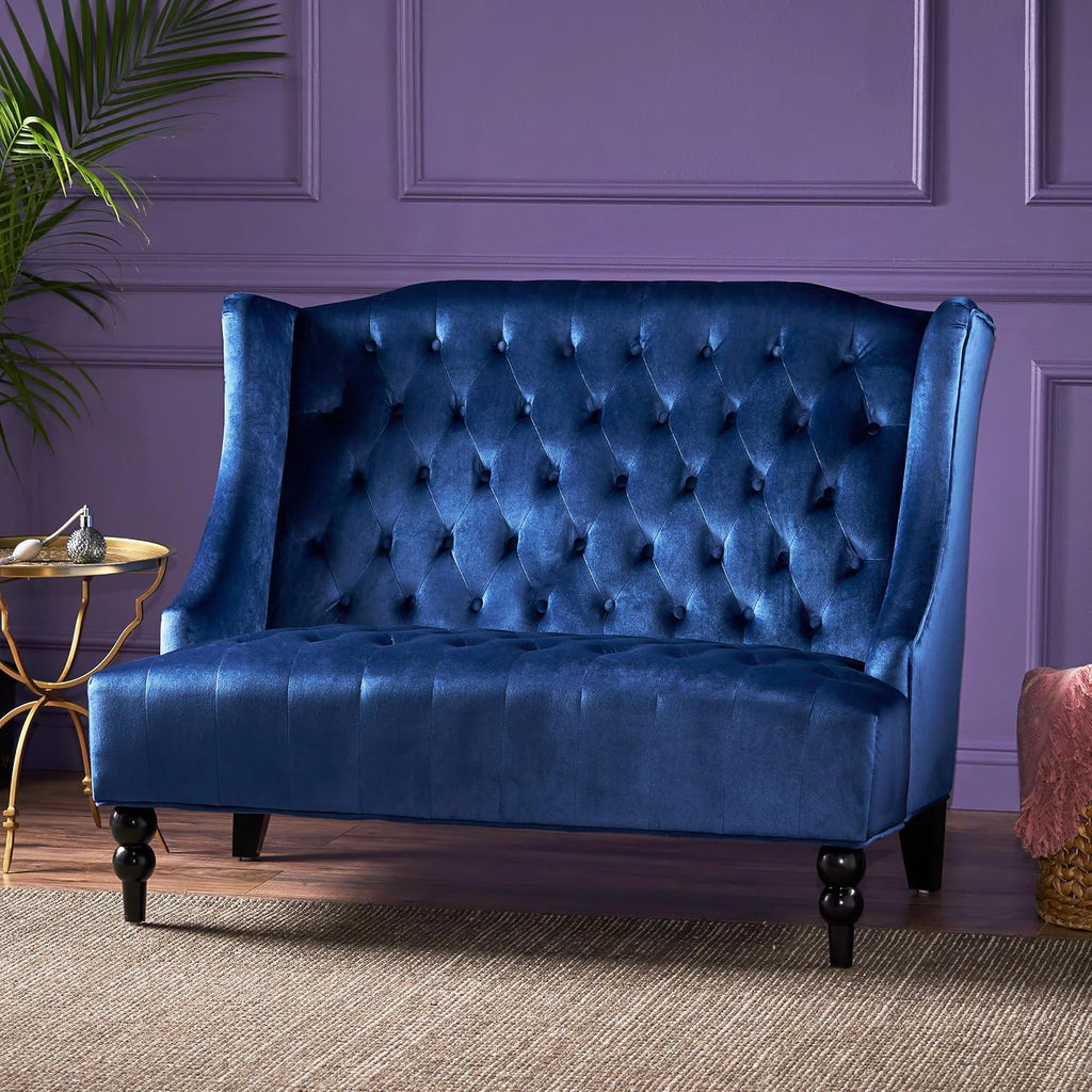 Modern Tufted Velvet Wingback Loveseat, Tufted Velvet 2 Seat Couch Sofas with High Back Thick Padded Cushioned Seats for Living Room, Victorian Style, Navy Blue