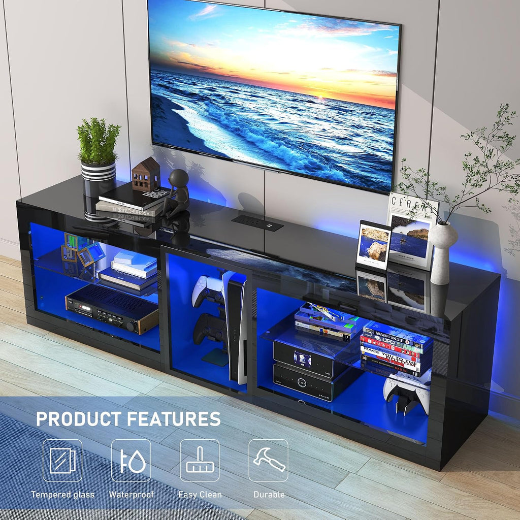 Vinctik 6&Fox LED TV Stands w/Power Outlet,60,00-Colors Lighting for 60 65in TV, 55' Modern High Gloss Entertainment Center,TV Console W/Adjustable Glass Shelves for Living Room Game Bedroom (Black)