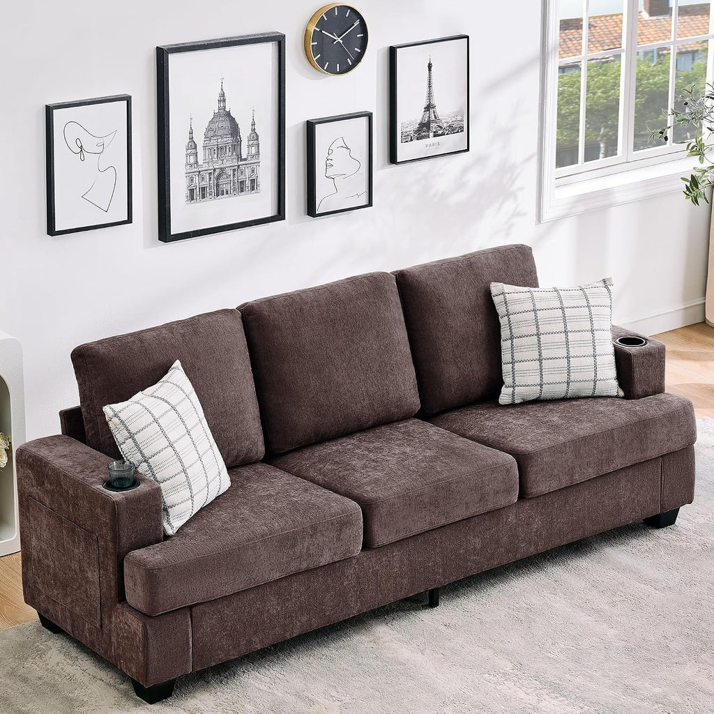 89' Chenille 3-Seater Sofa with Cup Holders and Side Storage Pockets, Modern Sofa for Living Room, Deep Seat Couches for Apartment Lounge, Brown