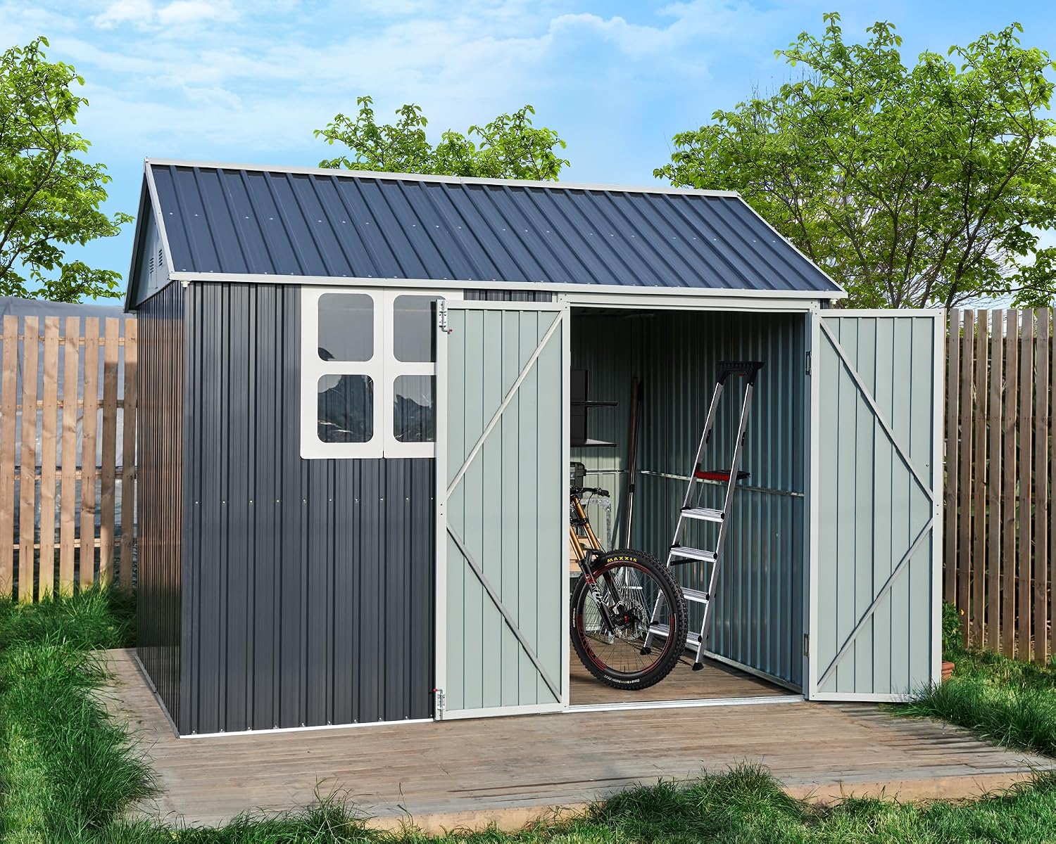VanAcc 10x8x8 FT Shed 4-pane Window Nordic Cottage Storage Shed Outdoor Metal Garden House Double Hinged Lockable Doors for Backyard Garden Patio Lawn Dark Grey/White