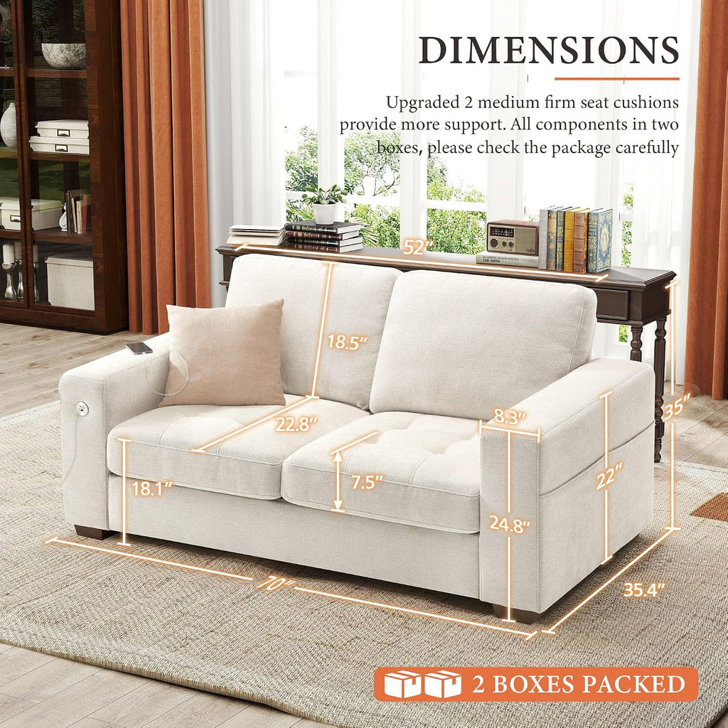 Ihanherry Modern Sofa Living Room Loveseat with USB/Type-C Charging Port, Comfy 2-Seats Chenille Recliner Sofa for Small Space, Removable Medium Firm Sofa Cushion, (70inch, Beige)