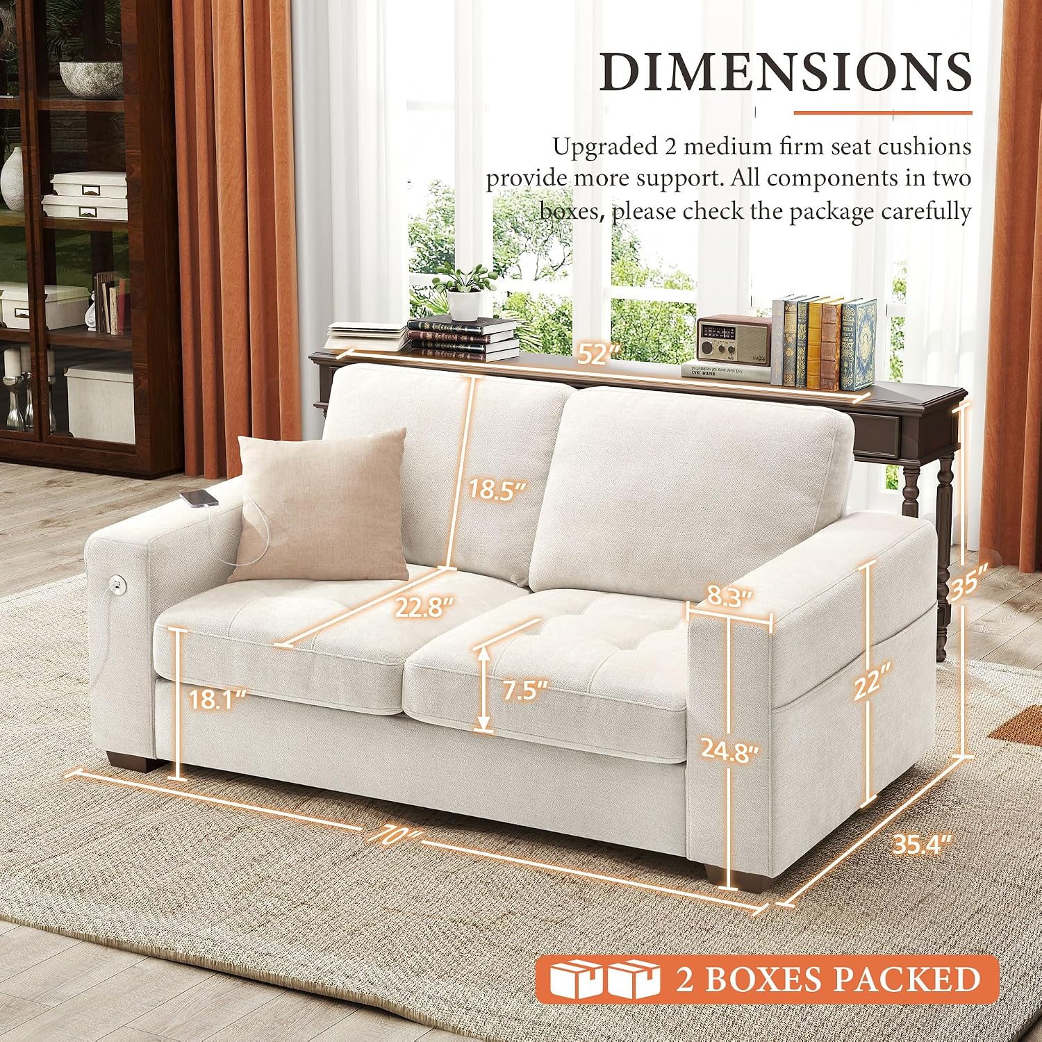 Ihanherry Modern Sofa Living Room Loveseat with USB/Type-C Charging Port, Comfy 2-Seats Chenille Recliner Sofa for Small Space, Removable Medium Firm Sofa Cushion, (70inch, Beige)