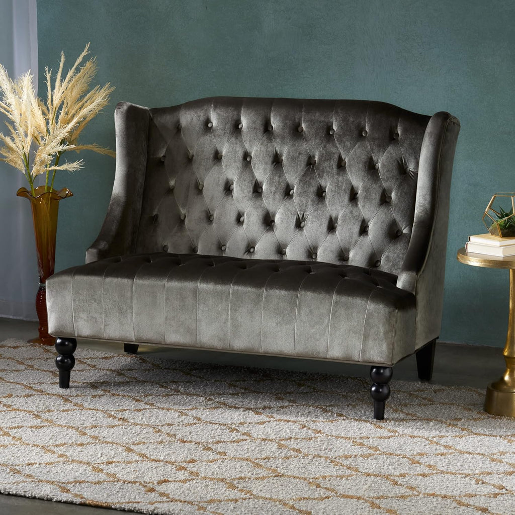 Modern Tufted Velvet Wingback Loveseat, Tufted Velvet 2 Seat Couch Sofas with High Back Thick Padded Cushioned Seats for Living Room, Victorian Style, Grey