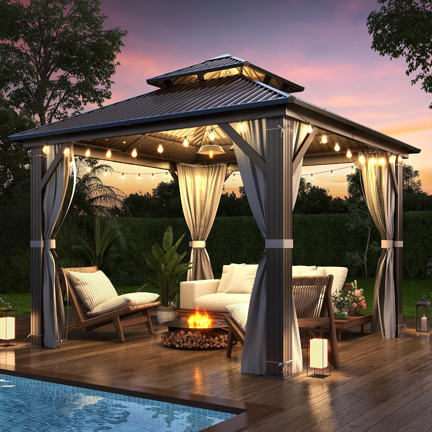 COVERONICS 10' x 10' Outdoor Hardtop Gazebo - Aluminum Heavy-Duty Double Roof Vented Gazebo with Breathable Netting & Privacy Curtains for Patio, Porch, Garden, Lawn