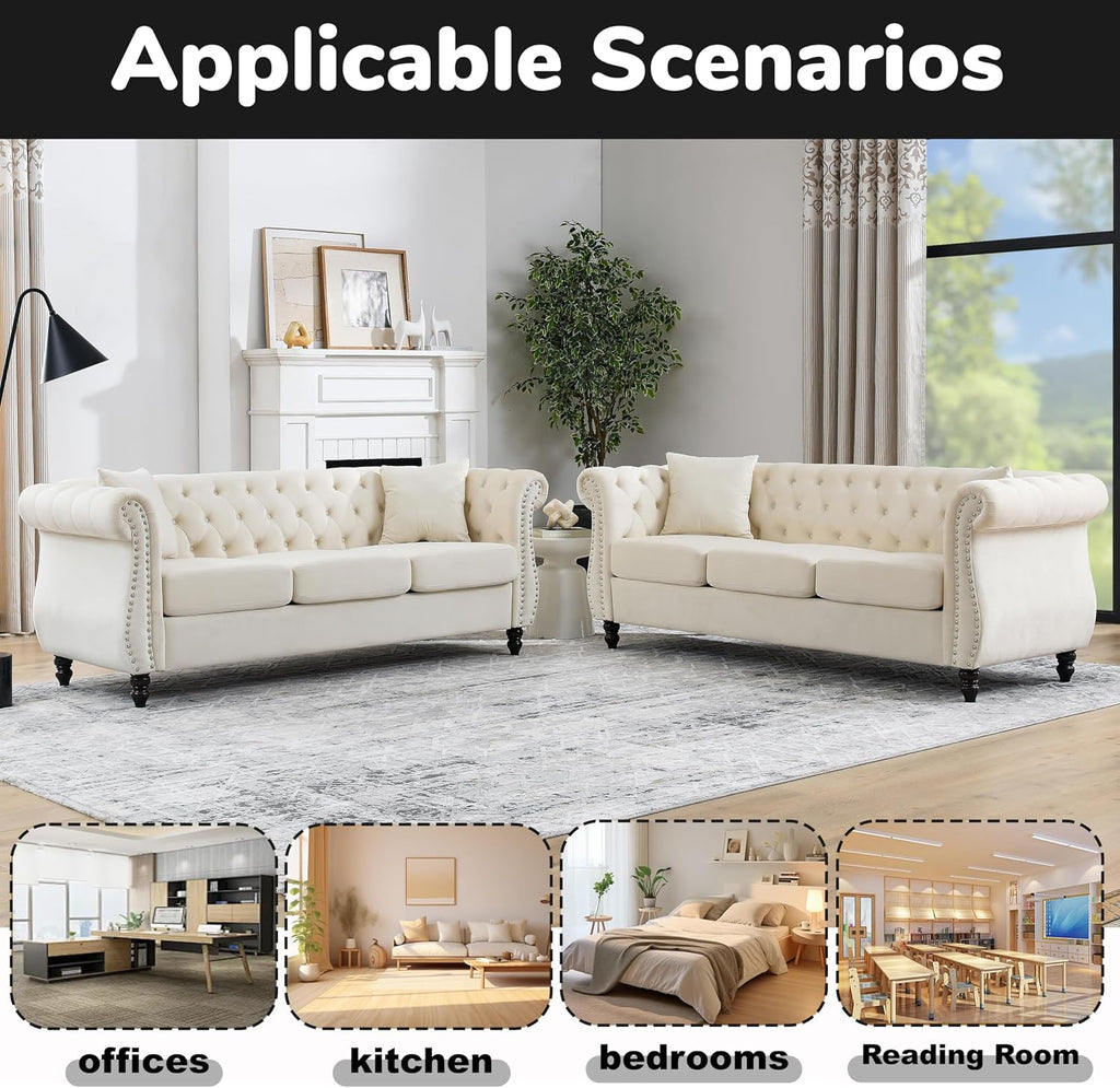 2 Piece Modern Beige Velvet 80' 3-Seater Sofa Sets, Upholstered Tufted Backrests with 8' Rolled Nailhead Arms, Combination Couch with 4 Pillows for Living Room